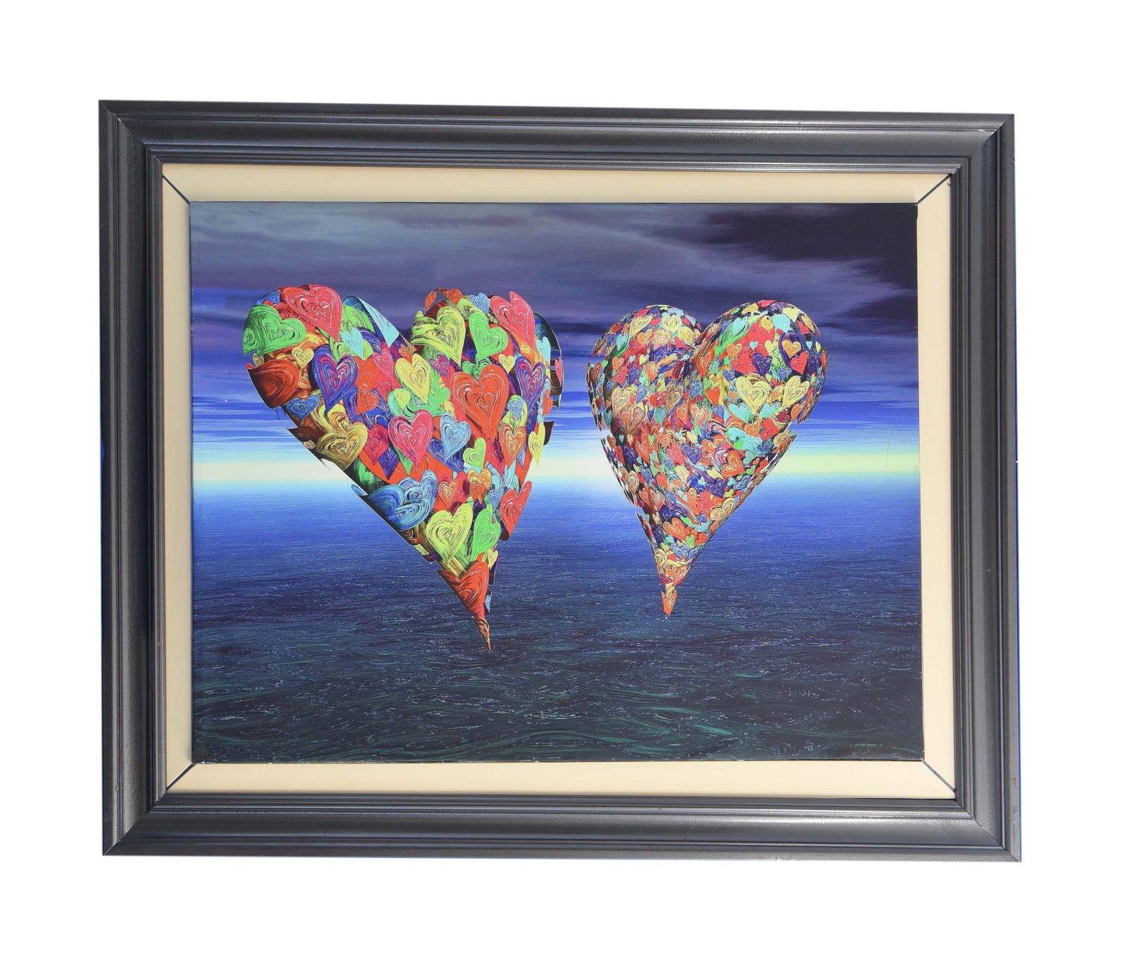"Heartfelt Horizon" Giclee On Canvas By MaxGold: Heartfelt Horizon is a vibrant and uplifting giclée on canvas by the acclaimed artist Max Gold, measuring an impressive 45" x 37". This captivating artwork features two prominent, three-dimensional h