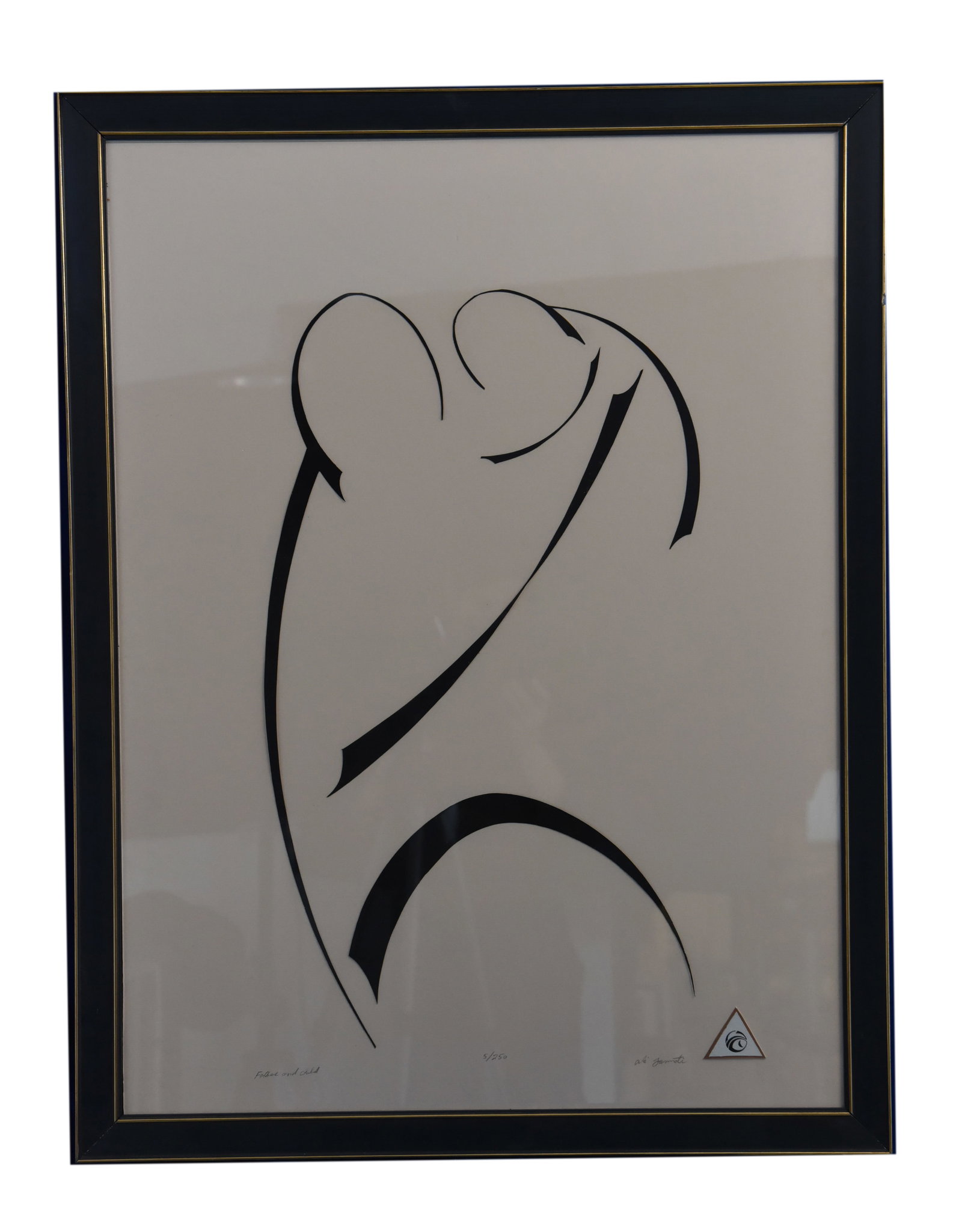 Father and Child Signed and numbered 5/250: Father and Child is an elegant and minimalist lithograph, signed and numbered 5/250, measuring 29" x 39". This exquisite print features sweeping, sinuous black lines that gracefully intertwine to sugg