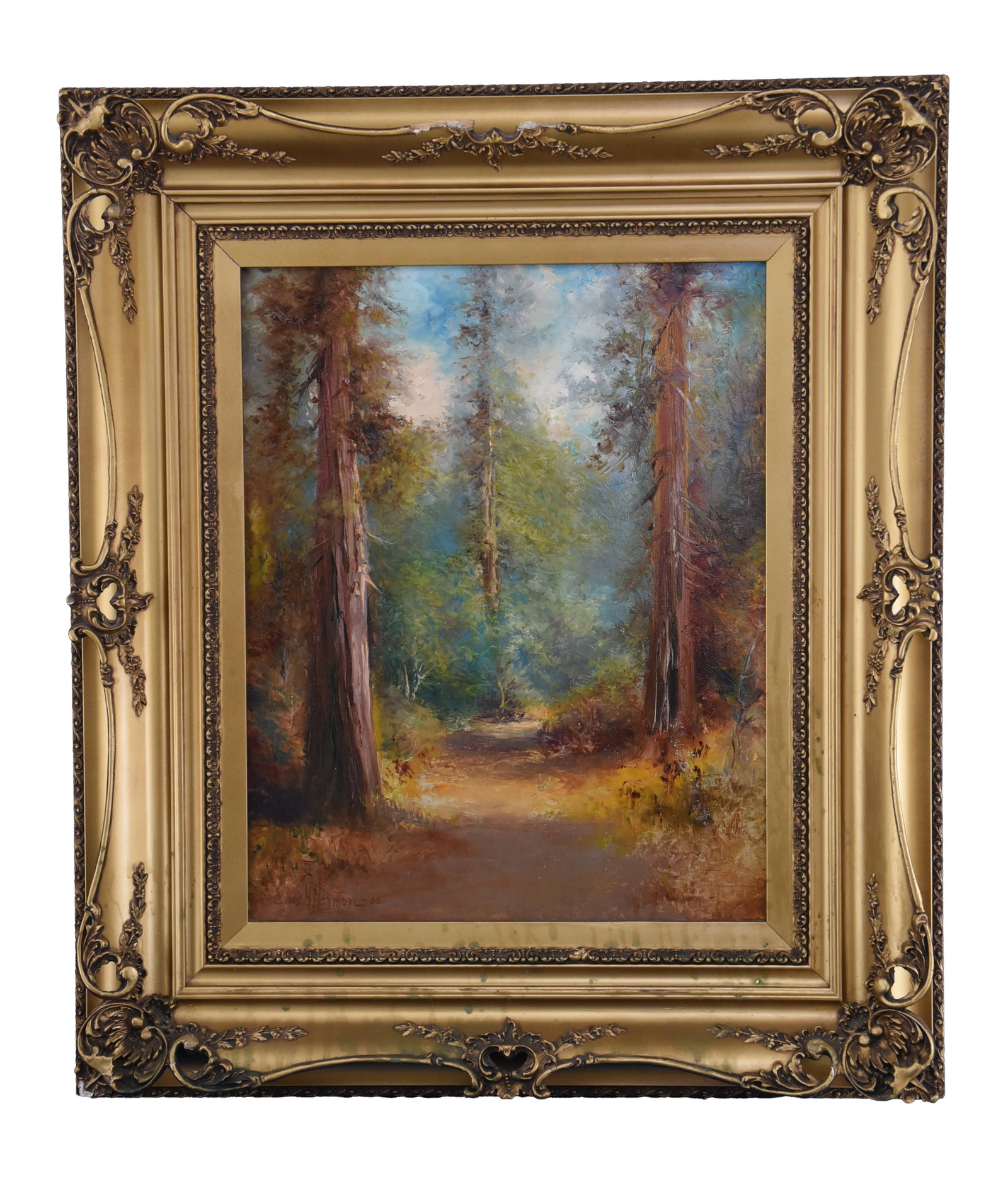 Forest Path, Oil On Canvas: This charming oil on canvas depicts a serene forest scene, inviting the viewer to wander deeper into its depths. Two towering trees with textured brown bark frame a sun-dappled path that recedes into
