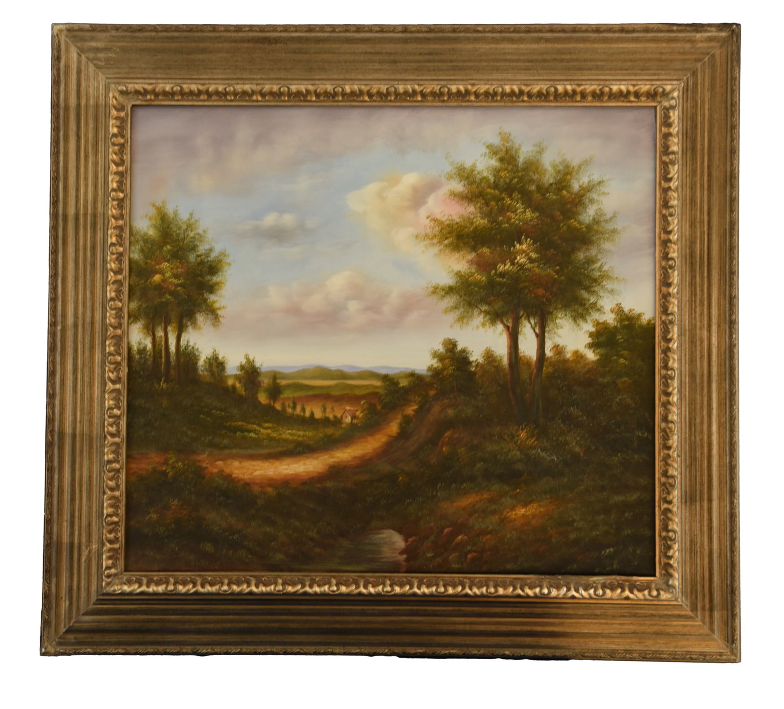 Golden Hour Journey, Oil On Canvas: An enchanting oil on canvas, measuring 31" x 28" and signed by the artist, captures a moment of tranquil beauty. The painting depicts a winding dirt path bathed in warm light, inviting the viewer on a
