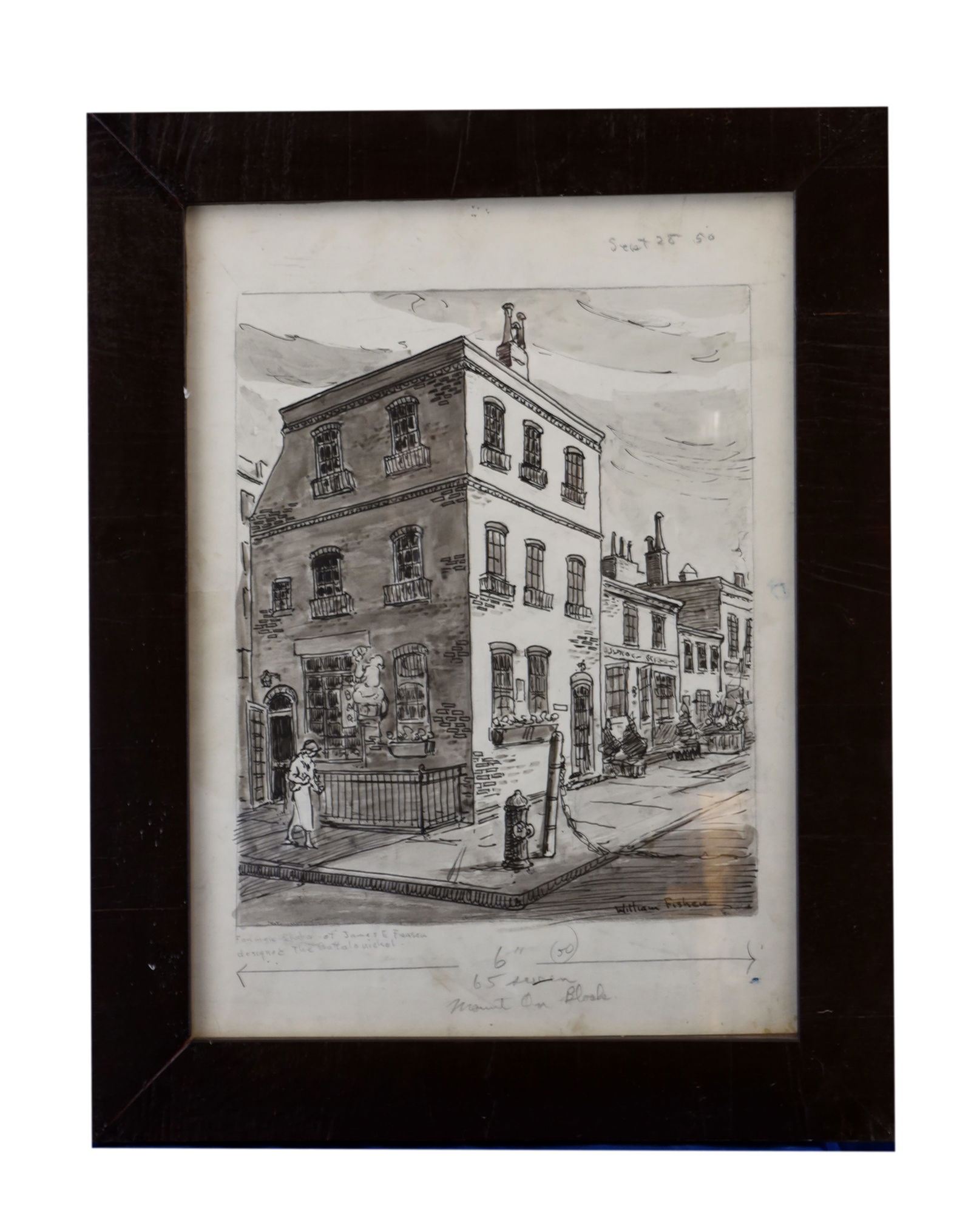 Street Corner in the City, By William Ficher: This captivating 19" x 24" drawing, signed by William Ficher, offers a detailed glimpse into a bustling urban street scene. The intricate ink work meticulously renders a prominent corner building with