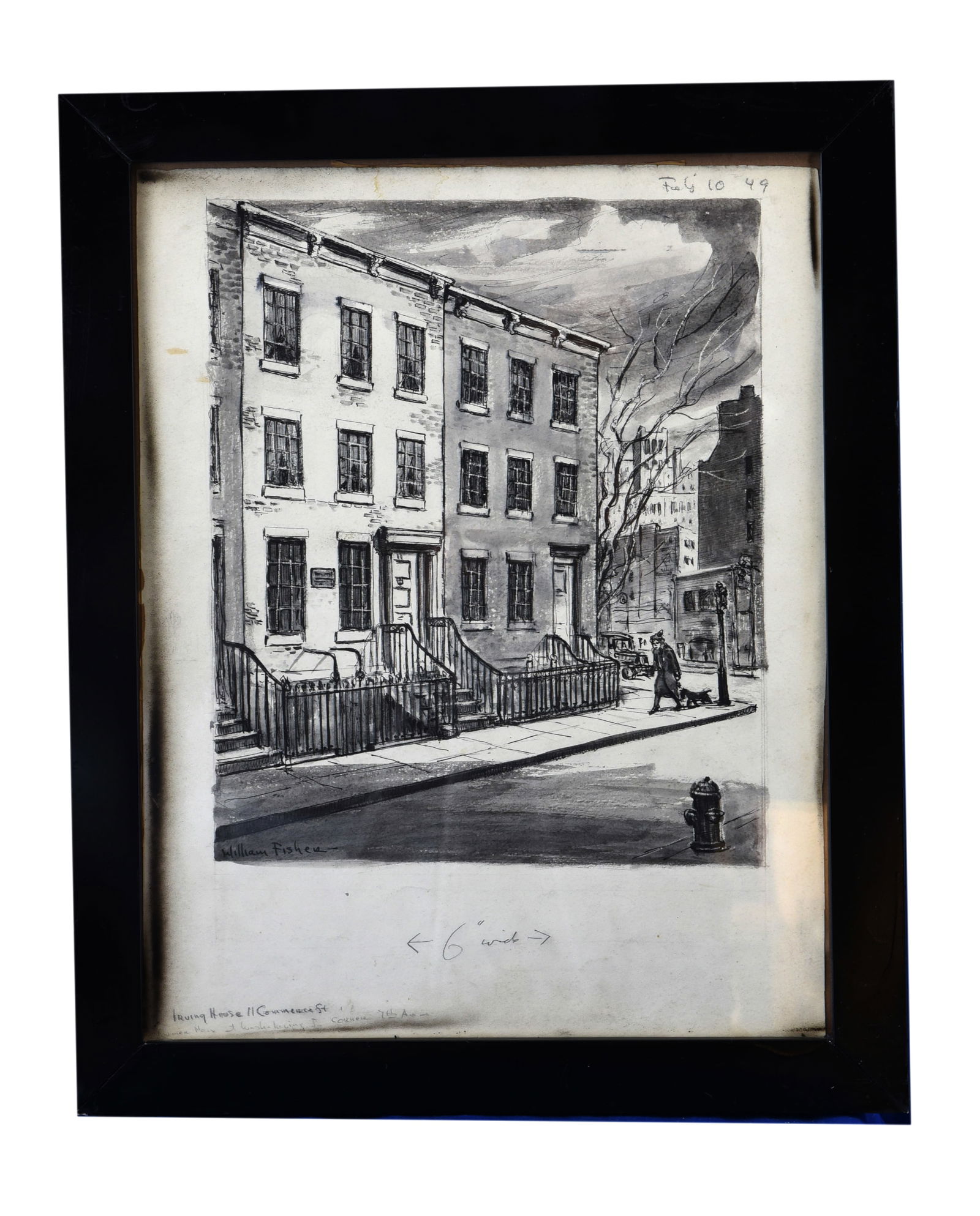 Greenwich Village Street Scene, By William Ficher: This evocative black and white drawing by William Fisher, measuring 18" x 23", captures a quintessential street scene, likely in Greenwich Village, New York City, given the architectural style. The co