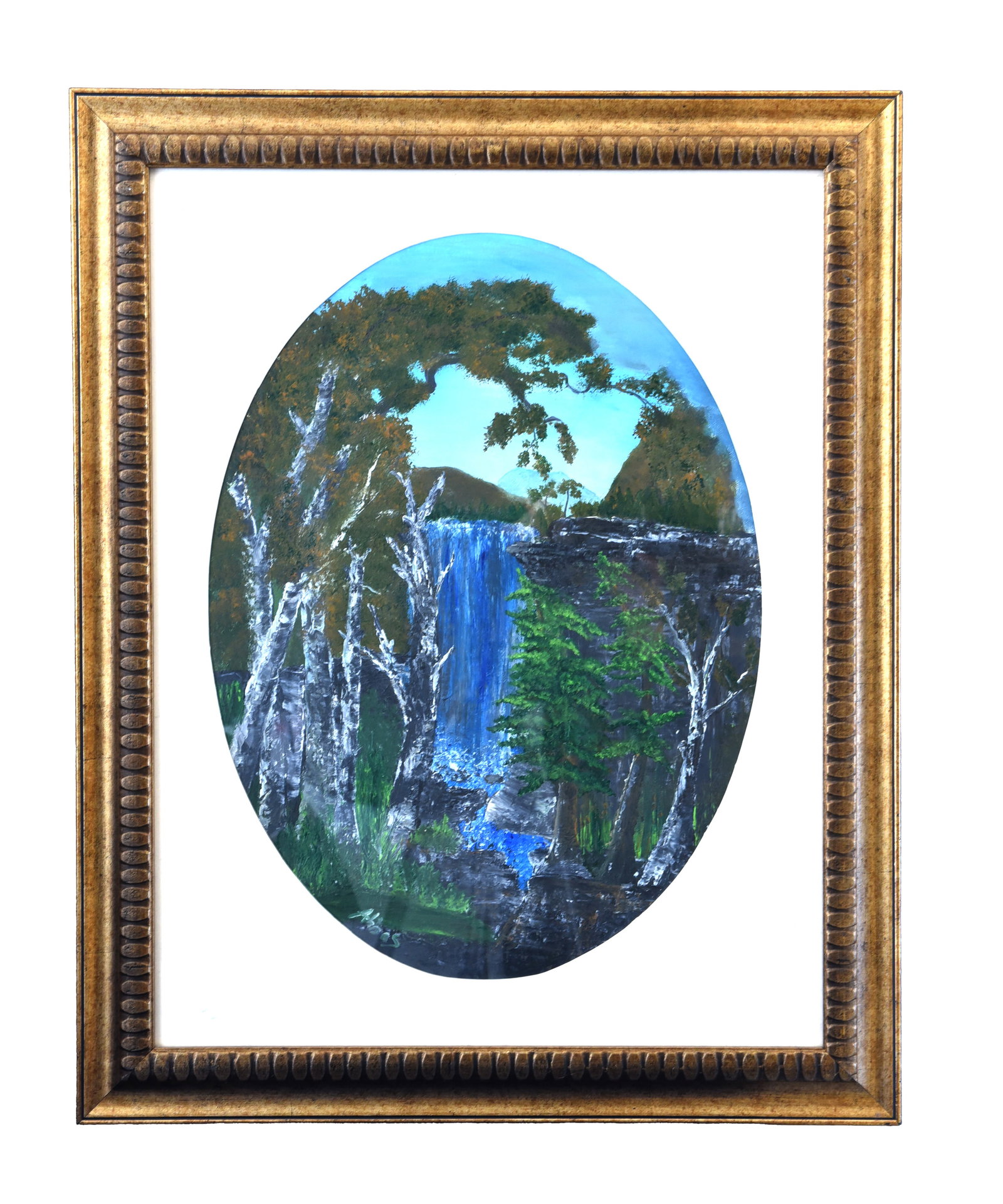 Forest Cascade, Oil On Canvas: Forest Cascade" is a captivating oil on canvas painting by Abbas Shirmohammadi, measuring 31" x 24". This vertical composition presents a serene natural landscape, with the main scene contained within