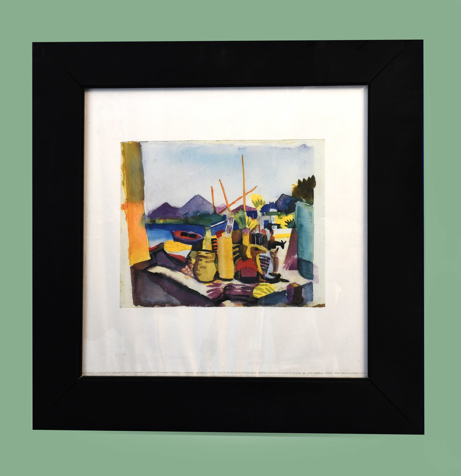 Mediterranean Harbor View Lithograph: This 21" x 21" print features a colorful, somewhat abstract depiction of a harbor or coastal scene. The composition is characterized by broad, expressive brushstrokes and a vibrant palette. In the for