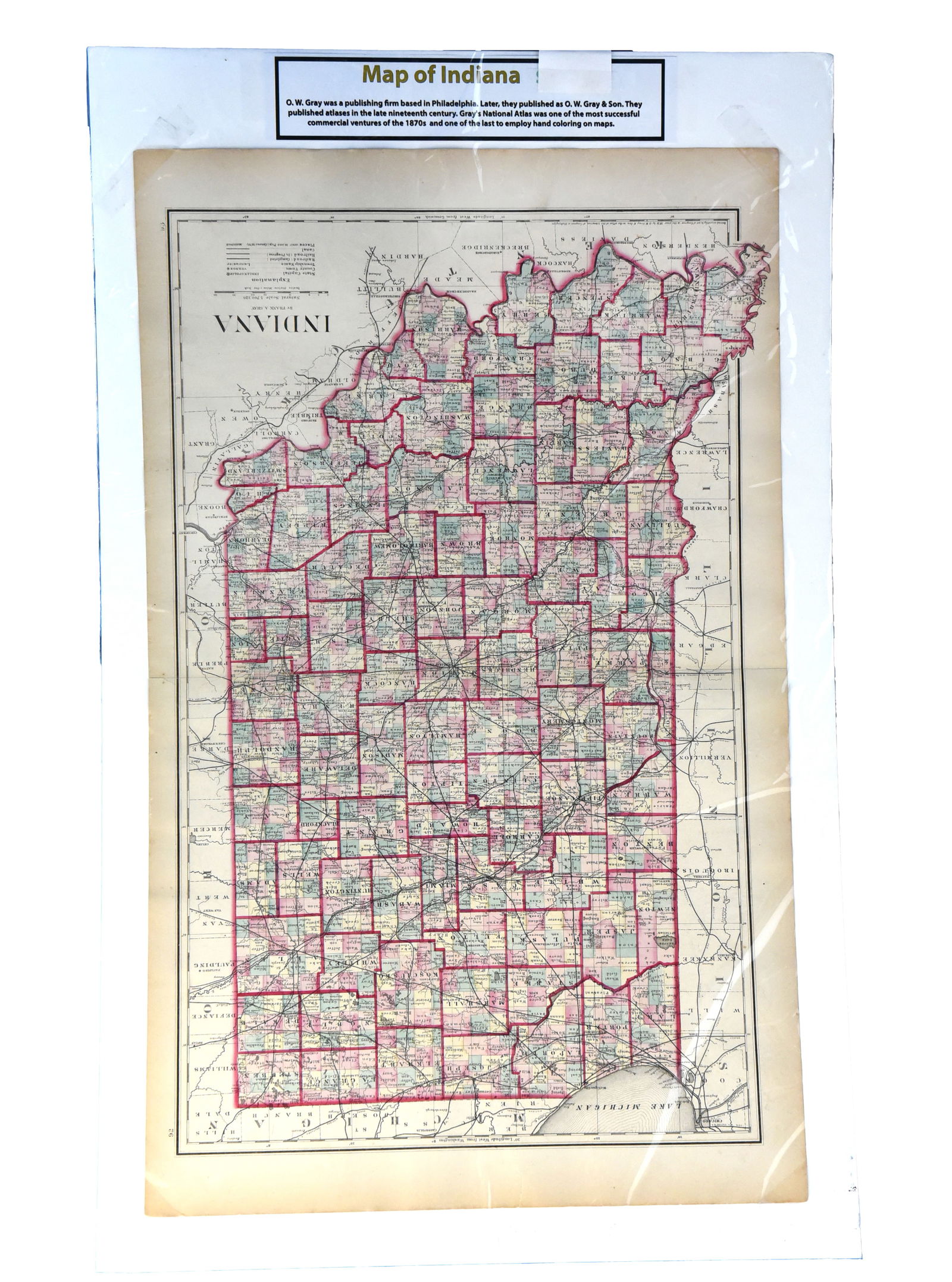 1870s G.W. Gray & Son Colour Map of Indiana (32 x 20")": This authentic and remarkably preserved 32" x 20" map of Indiana was published by G.W. Gray & Son, a prominent Philadelphia-based firm active in the mid-to-late 19th century. Likely dating from the 18