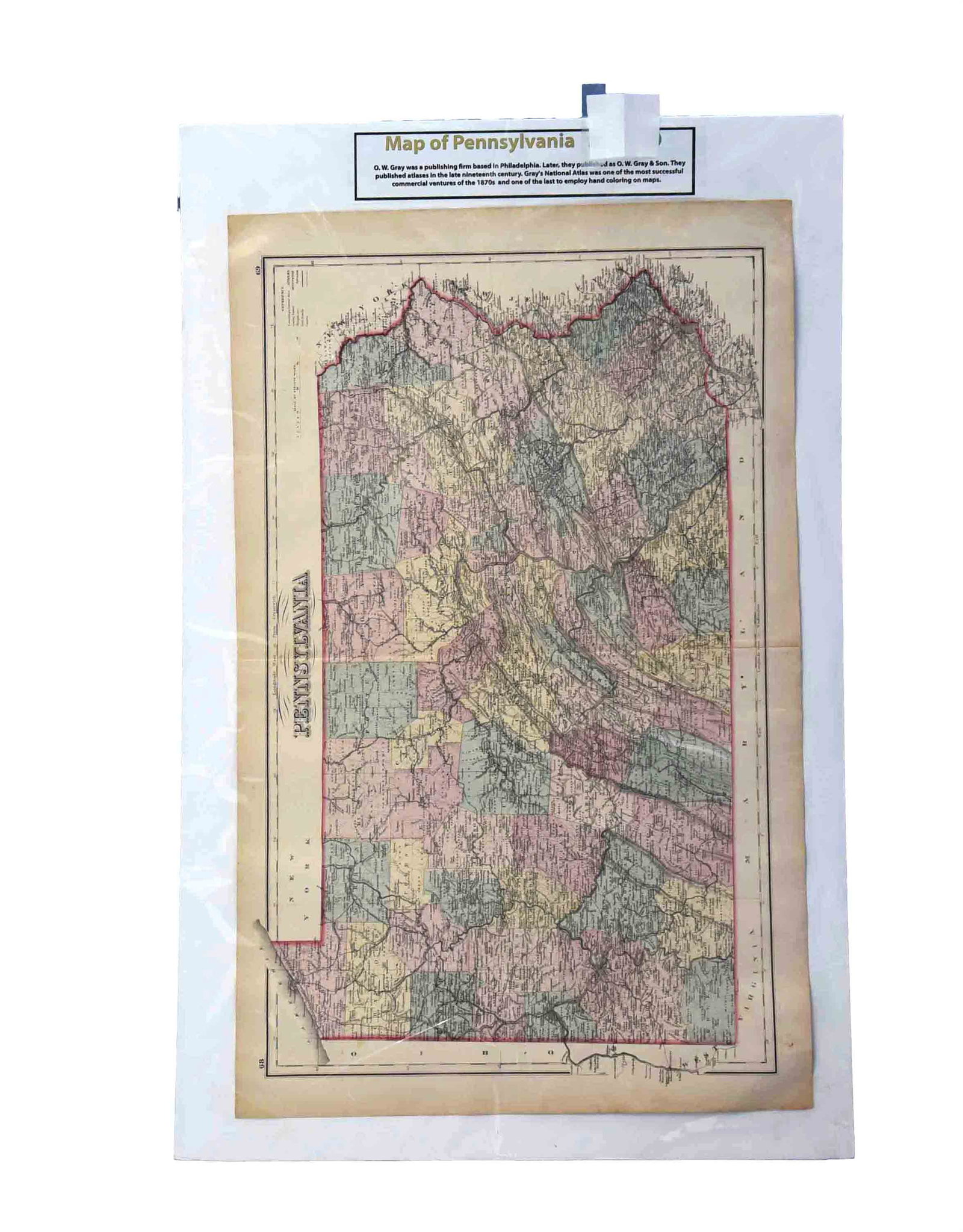 Antique 1870s G.W. Gray & Son Map of Pennsylvania (32 x 20")": This remarkably preserved 32" x 20" antique map, titled "Map of Pennsylvania," was published by G.W. Gray & Son, a prominent Philadelphia-based firm established in the late 1860s. Renowned for produci