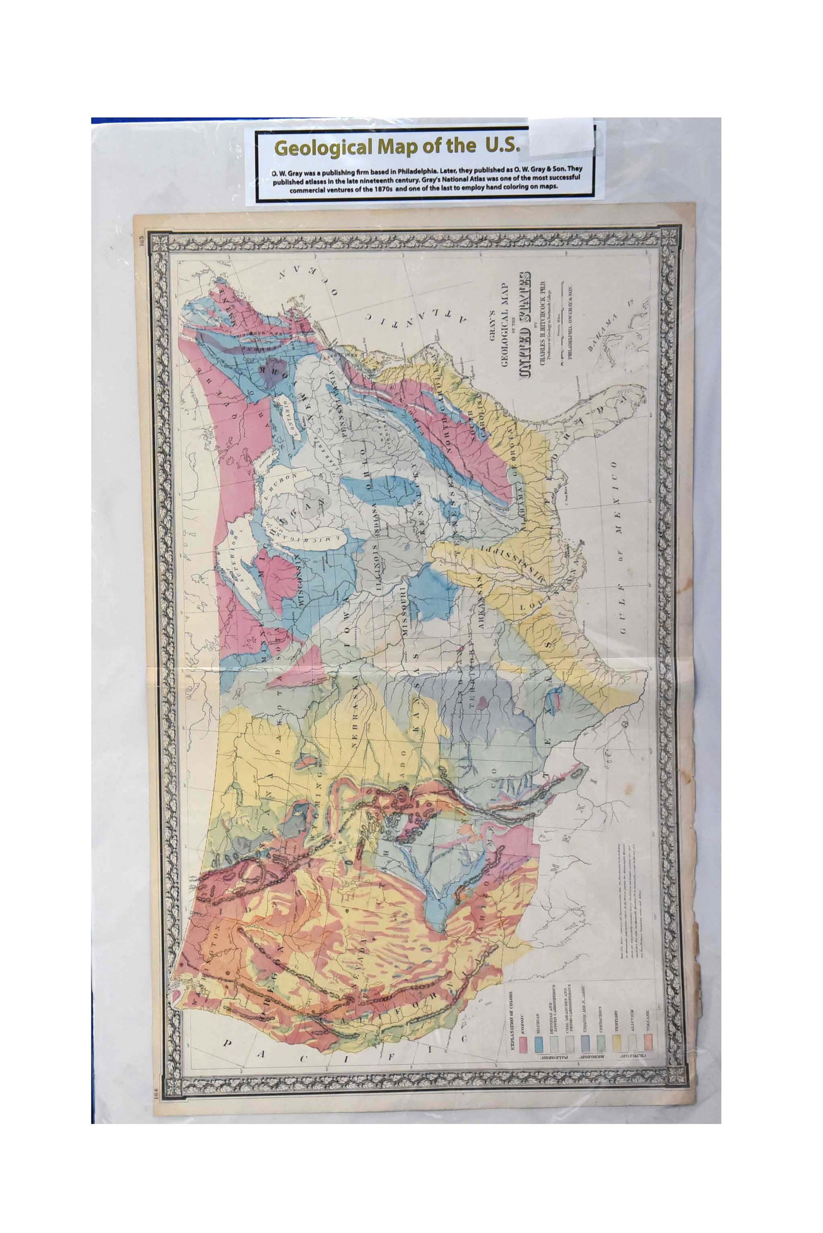 "Antique 1870s G.W. Gray & Son Geological Map of the U.S. (32" x 20"): This highly informative 32" x 20" antique map, titled "Geological Map of the U.S.," was published by G.W. Gray & Son, a prominent Philadelphia-based firm established in the late 1860s. Renowned for pr