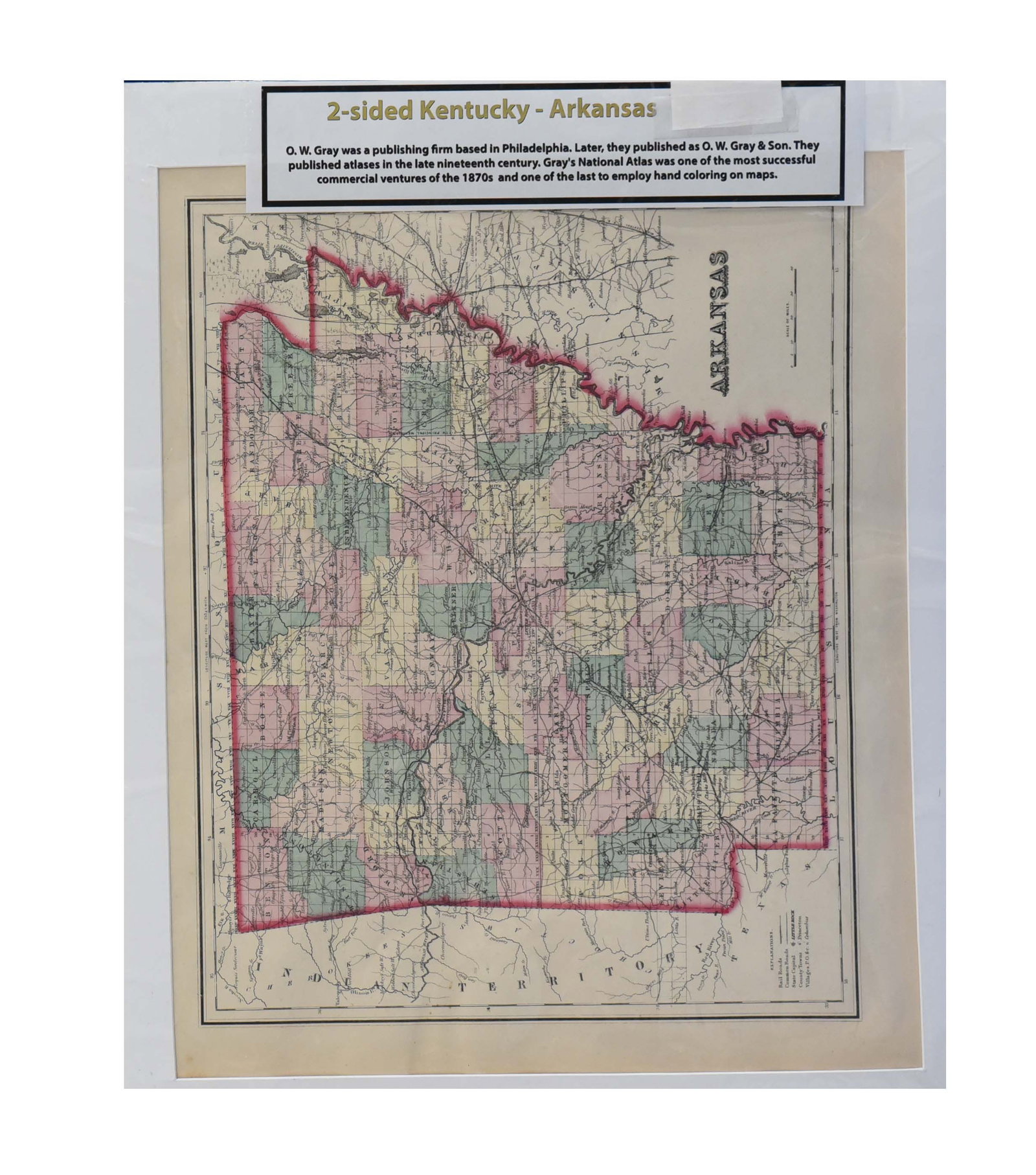 Antique 1870s G.W. Gray & Son Two-Sided Map: Kentucky / Arkansas (16 x 19")": This remarkable 16" x 19" antique two-sided map offers a dual historical perspective on two key Southern/Midwestern states: one side features a detailed map of Kentucky, while the other side presents