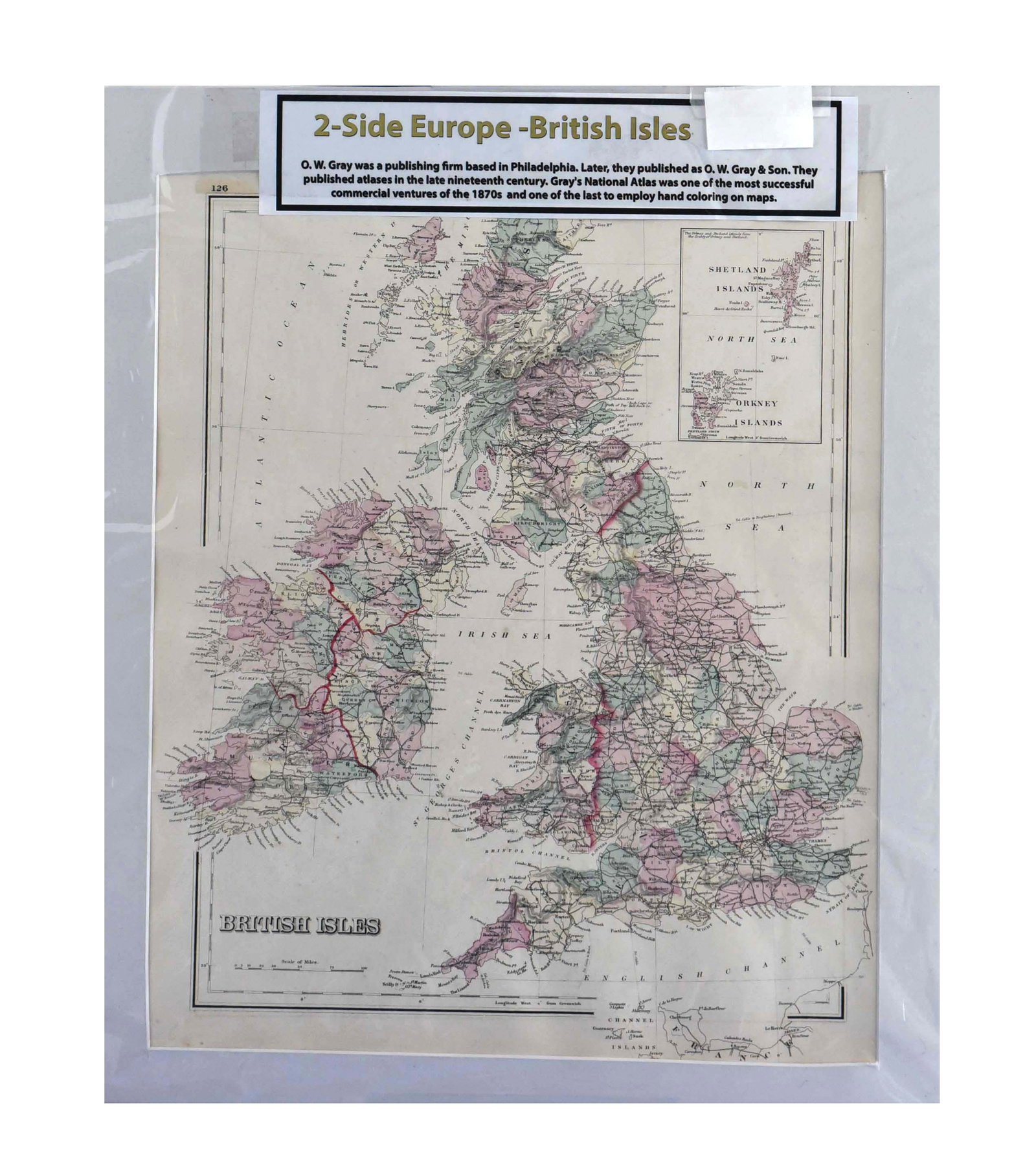 Antique O.W. Gray's 1870s British Isles & Europe (Two-Sided Map, 16" x 19": This remarkable antique map, measuring 16" x 19", is a rare two-sided piece featuring a detailed depiction of the British Isles on one side and presumably a map of Europe on the reverse (as indicated