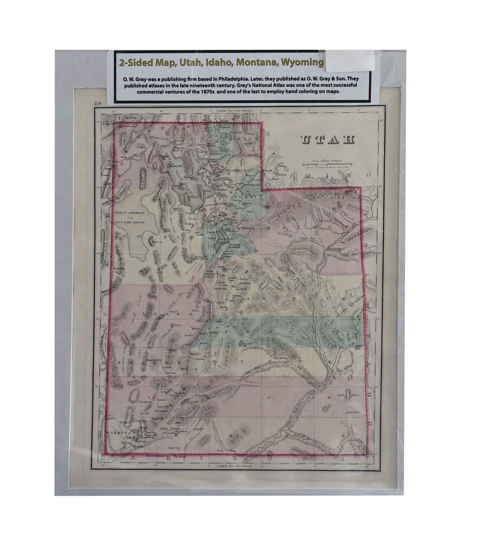 Rare Antique 2-Sided Map: Utah, Idaho, Montana, Wyoming by O.W. Gray & Son (c. 1870s) - 16" x 20": Discover a fascinating piece of American cartographic history with this rare antique two-sided map, measuring a generous 16 inches by 20 inches. This meticulously detailed map showcases the vast terri