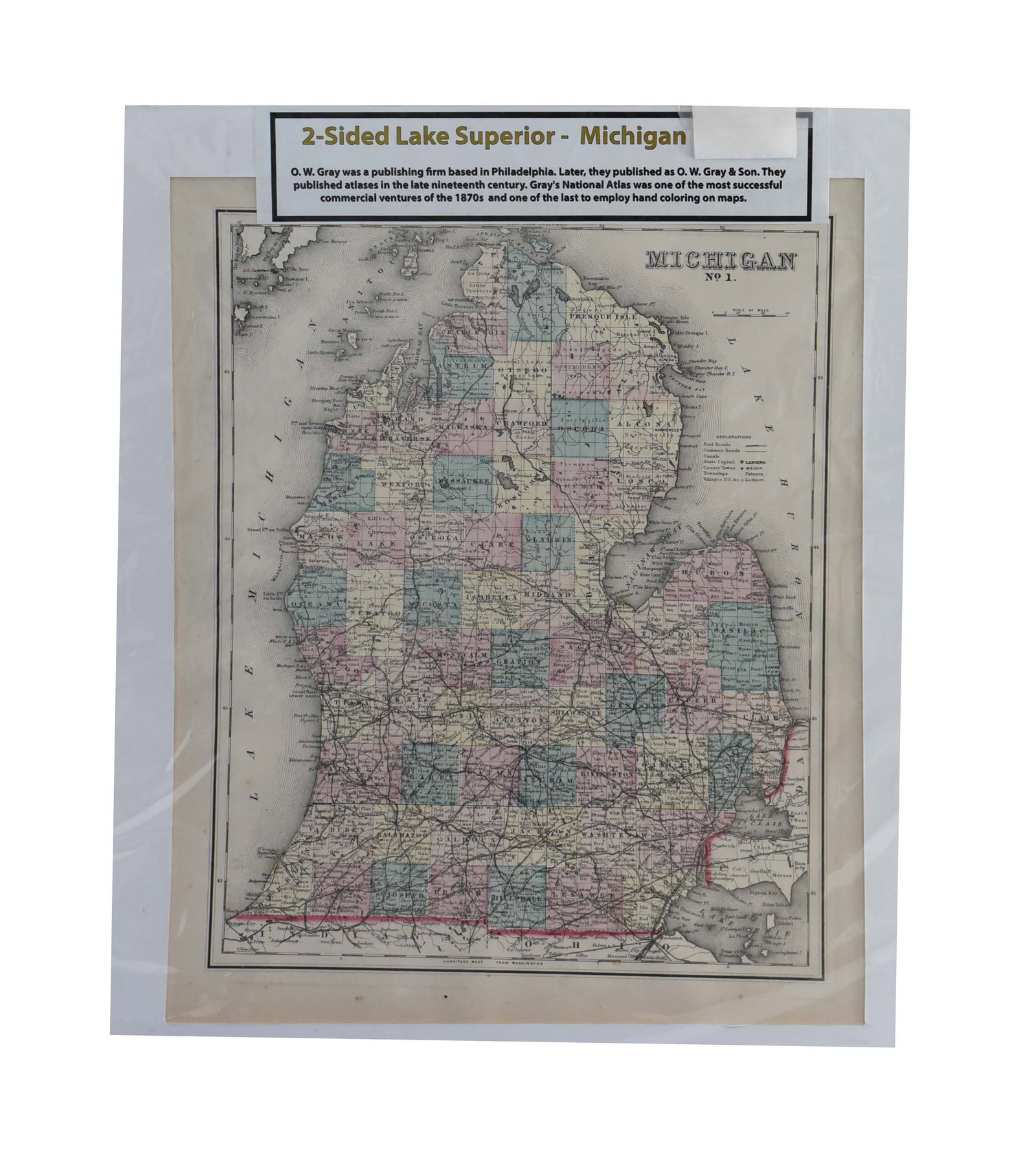 Rare Antique 2-Sided Map: Lake Superior & Michigan by O.W. Gray & Son (c. 1870s) - 16" x 20": Delve into the historical geography of the Great Lakes region with this rare antique two-sided map, meticulously detailing Lake Superior and the state of Michigan. Measuring a substantial 16 inches by
