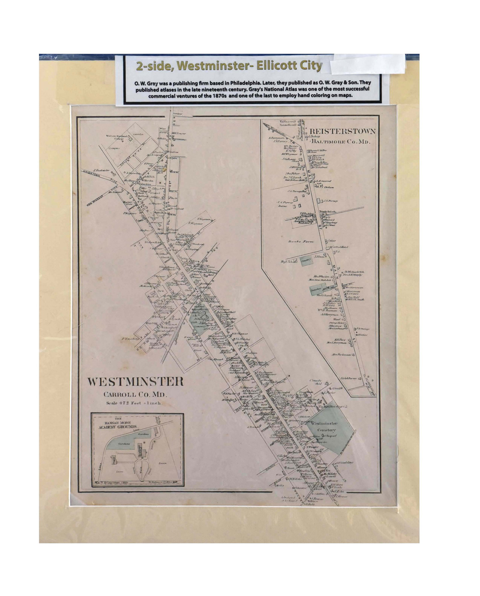 Detailed Antique 2-Sided Map: Westminster & Reisterstown, Maryland by O.W. Gray & Son (c. 1870s) - 1: Delve into the rich local history of Maryland with this fascinating antique two-sided map, featuring detailed plans of the towns of Westminster (Carroll County) and Reisterstown (Baltimore County). Me