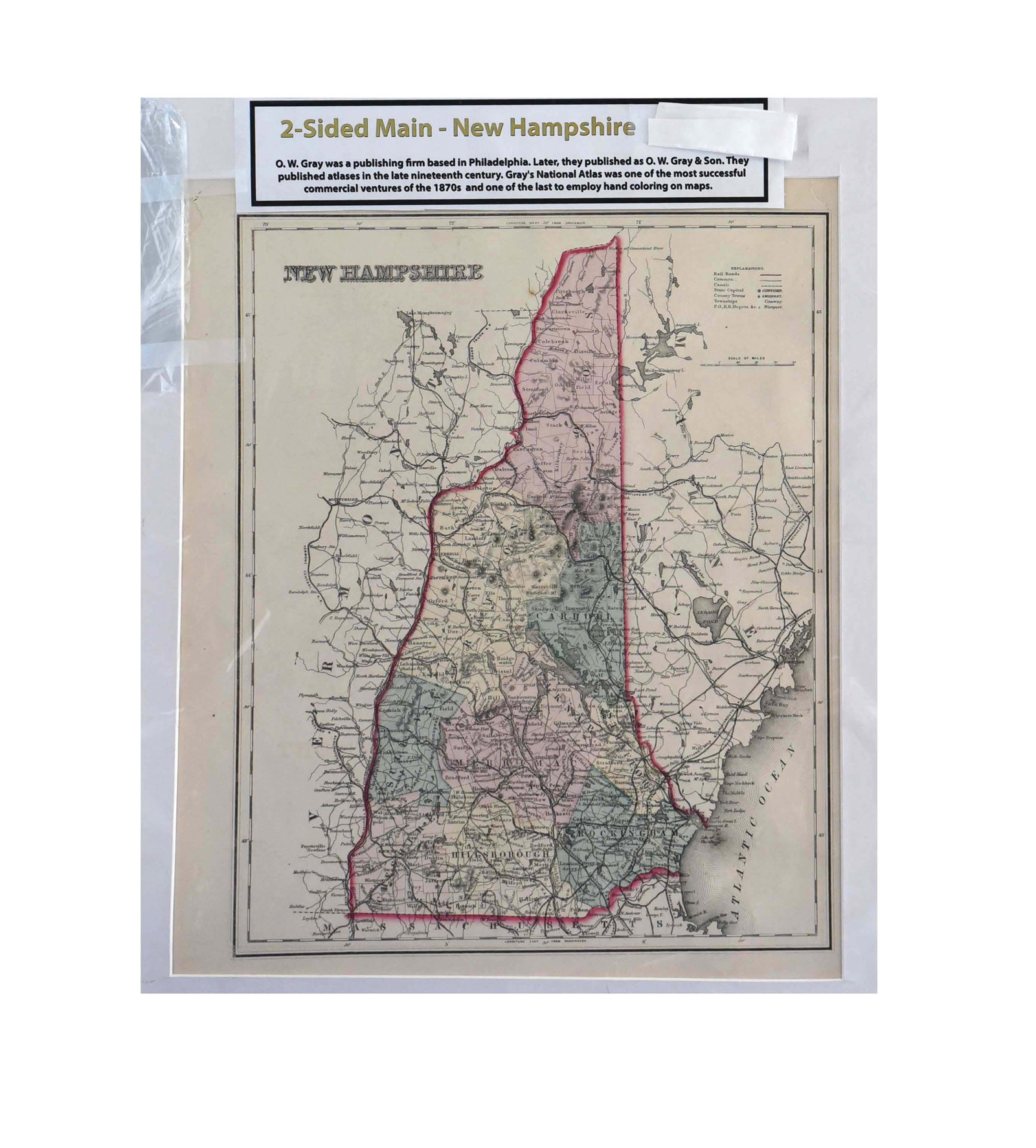 Antique Two-Sided Map of Maine & New Hampshire (c. 1870s): This is a fascinating antique two-sided map, measuring approximately 16" x 20", featuring detailed cartography of Maine on one side and New Hampshire on the other. Published by O. W. Gray & Son in the