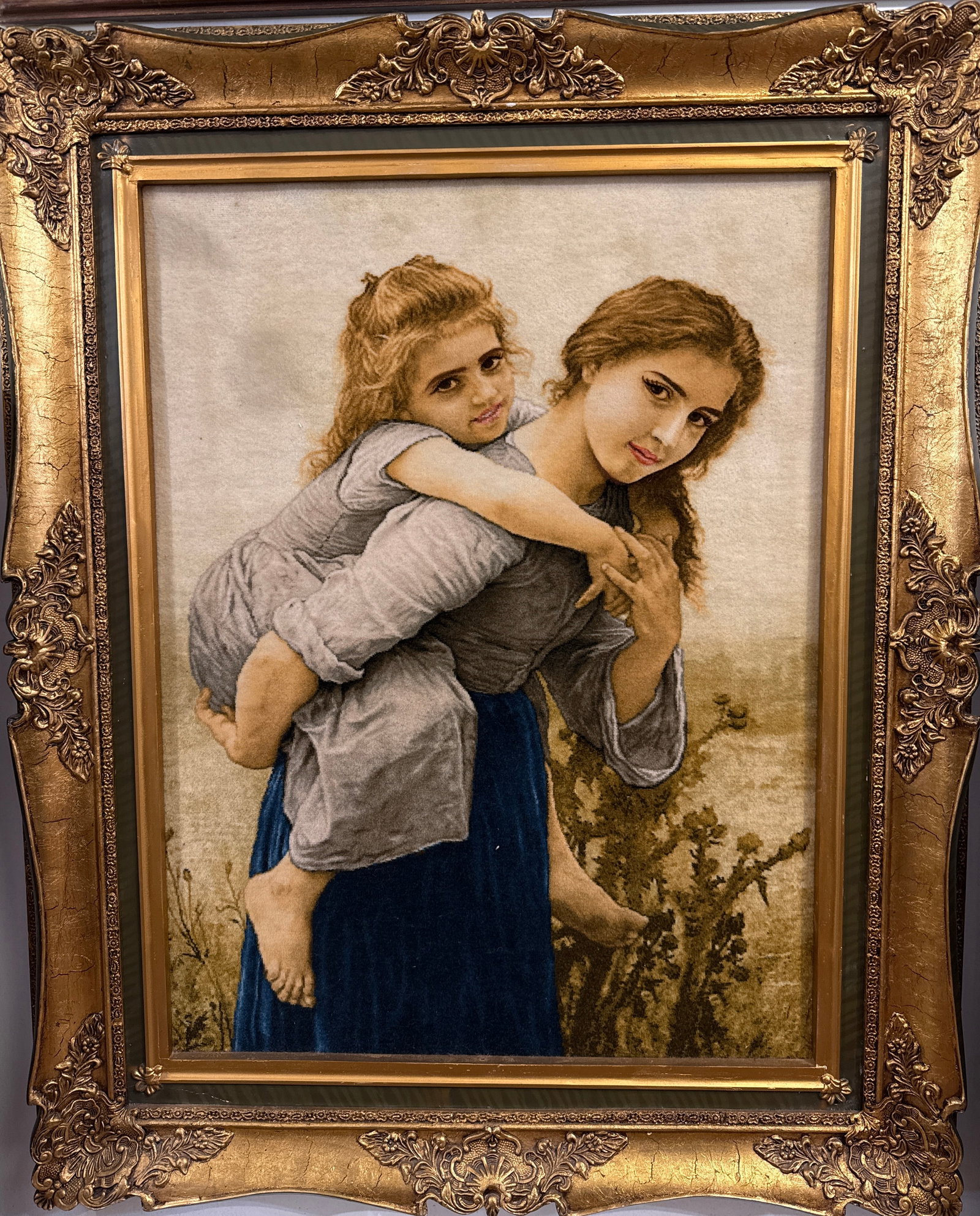 Charming Vintage Pictorial Tabriz Persian Rug, Framed and Exquisitely Detailed: Enhance your decor with this captivating vintage Tabriz Persian rug, beautifully framed and ready to adorn your wall. The rug itself measures 1'10" x 2'9", while the elegant frame brings the overall d