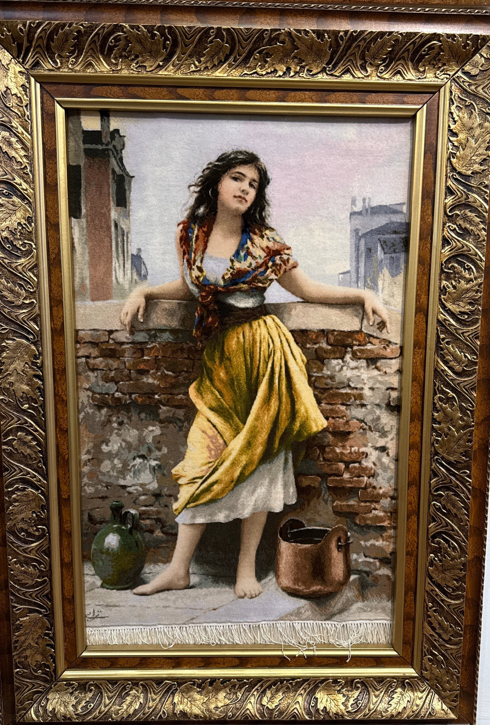 Charming Vintage Pictorial Tabriz Persian Rug, Framed and Exquisitely Detailed: Enhance your decor with this captivating vintage Tabriz Persian rug, beautifully framed and ready to adorn your wall. The rug itself measures 1'10" x 2'9", while the elegant frame brings the overall d