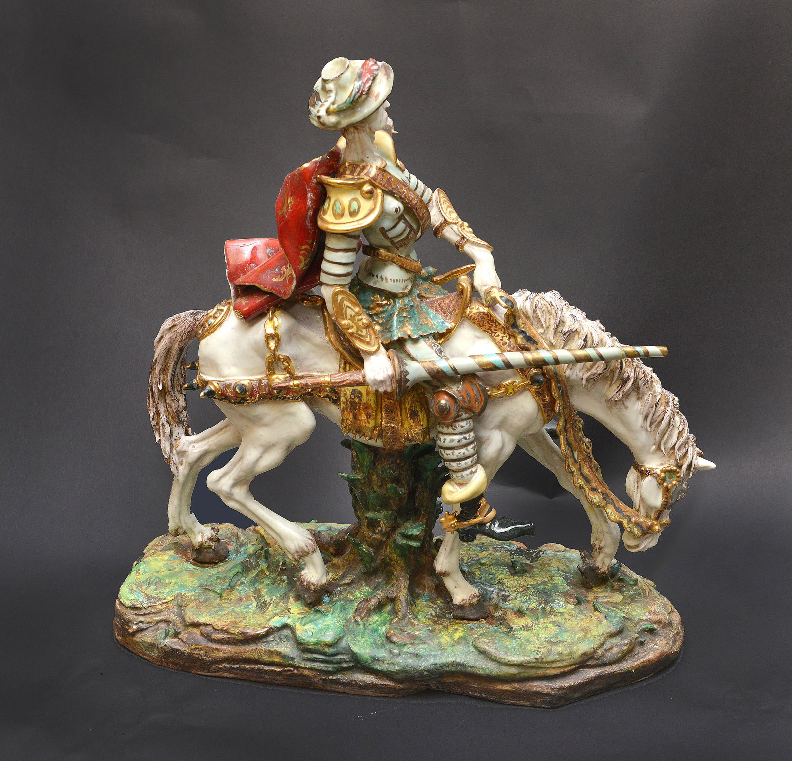 Professor Eugenio Pattarino (Italian 1885-1971), Don Quixote, Glazed Terra Cotta Sculpture 16: A stunning Italian porcelain sculpture of Don Quixote on his steed Rocinante, crafted by the renowned artist Prof. E. Pattarino. This detailed and expressive piece captures the iconic literary figure