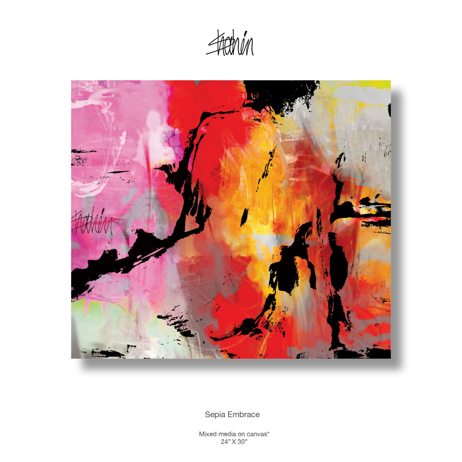 Sepia Embrace Mixmedia By Shaheen Zarokian: In Sepia Embrace, Zarookian explores the tension between fluid color and structured movement. The composition is anchored by a fiery core of crimson and golden yellow, which bleeds into softer washes