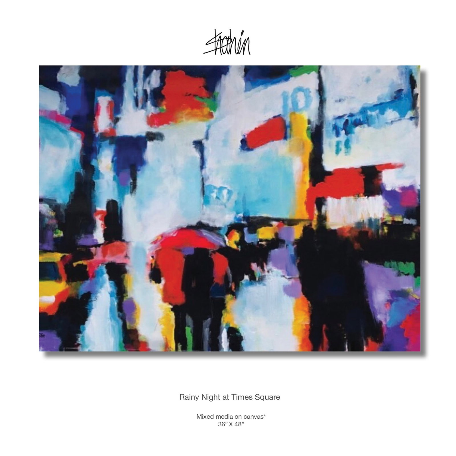 Rainy Night at Times Square MixMedia On Canvas By Shahrookh Zarookian: Rainy Night at Times Square is a deconstructed cityscape that priorities energy and light over precise form. The composition is built on a matrix of glowing, geometric color blocks—electric blues,