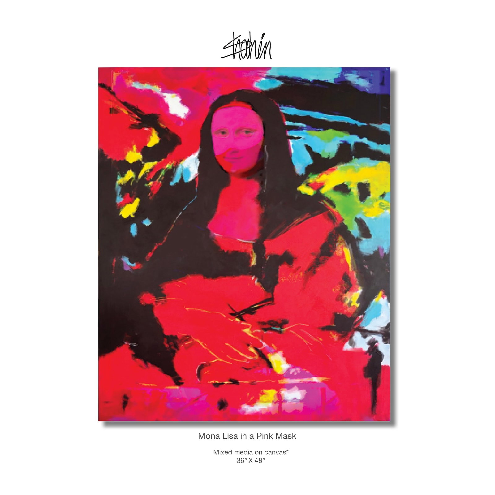 Mona Lisa in a Pink Mask Mixmedia on Canvas by Shahrookh Zarookian: Mona Lisa in a Pink Mask is a daring, high-contrast reinterpretation of Leonardo da Vinci’s masterpiece. Zarookian strips away the muted tones of the Renaissance, replacing them with a saturated,