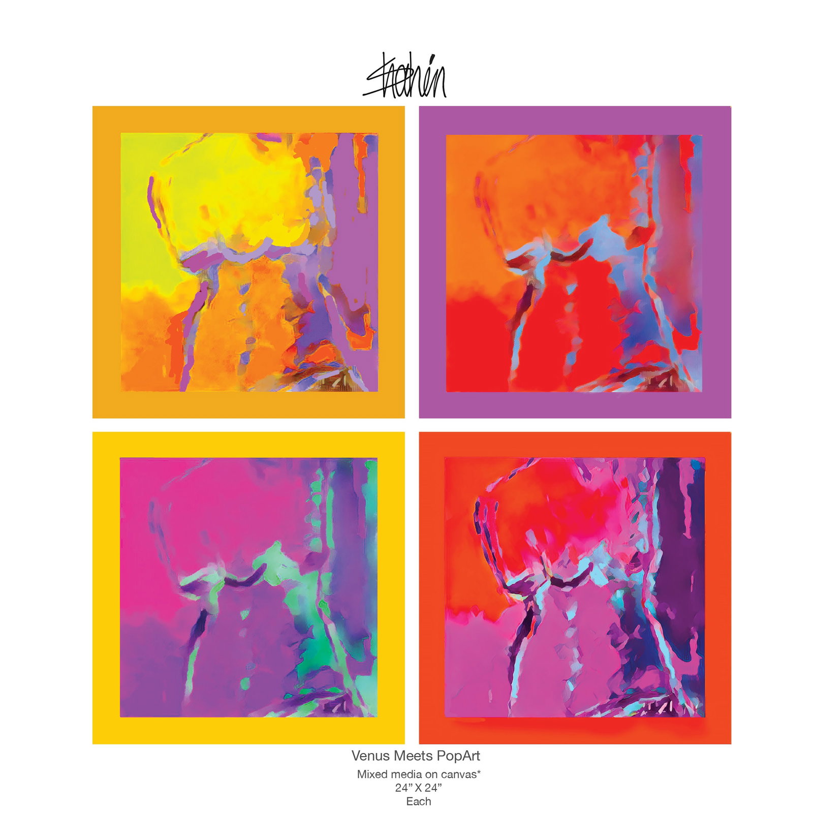 Venus Meets Pop Art MixMedia on canvas by Shahrookh Zarookian: Venus Meets Pop Art is a bold, multi-panel exploration of the classical torso through a contemporary, Neo-Pop lens. Zarookian utilizes a serialized format to investigate how shifting color palettes ca