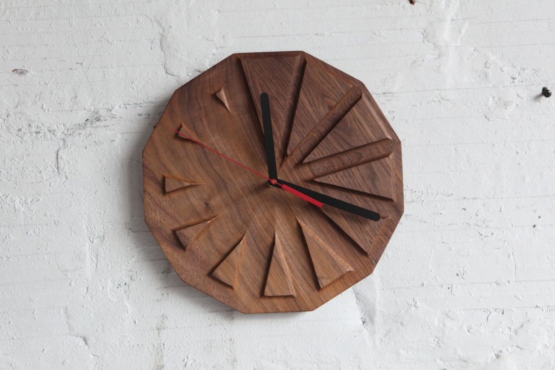 Triangles Gradient Clock: Made from walnut and metal. Designed by Spencer Staley, founder of The Good Mod located in Portland, OR.