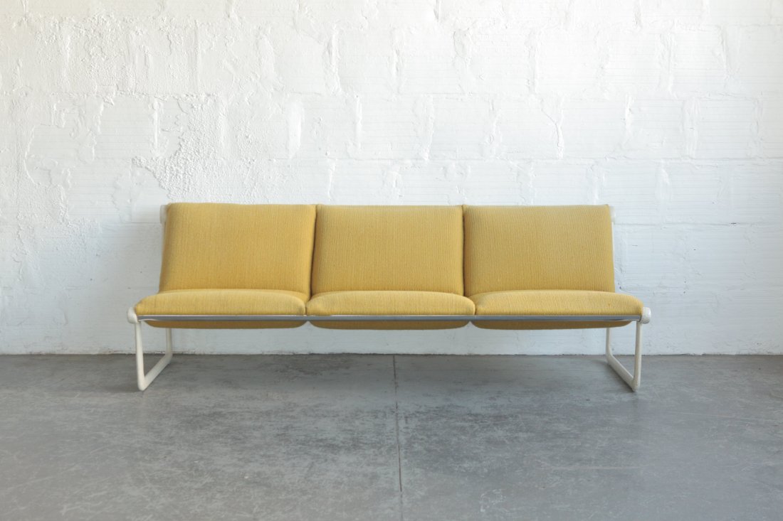 Knoll Sling Three Seater Sofa: Designer: Bruce Hannah & Andrew Morrison. Manufacturer: Knoll. Origin/Circa: United States 1960s. Dimensions: 81"W | 34"D | 35"H. Material: Wool, Cast Aluminum.