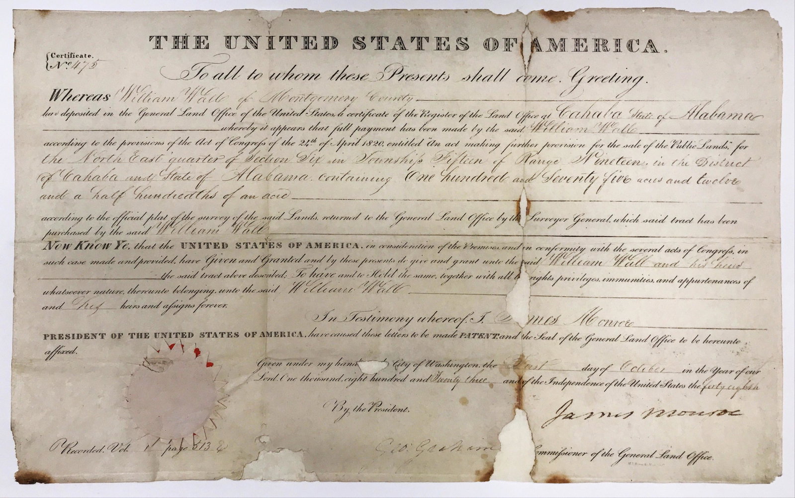 James Monroe Signed Land Grant: James Monroe Signed Land Grant James Monroe (1758-1831) was the fifth U.S. President (1817-1825). He served as President James Madison's Secretary of State from 1811 to 1817 and concurrently served as