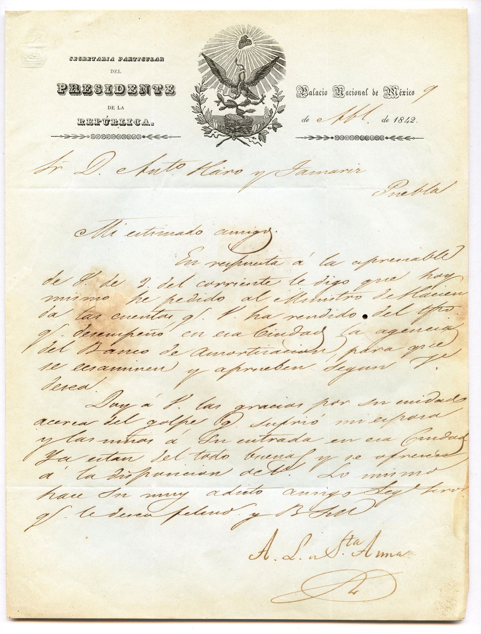 Antonio Lopez de Santa Anna Signed Presidential letter: Antonio Lopez de Santa Anna 1794-1876 Mexican general and politician. Santa Anna is one of the most interesting figures in Mexican Political history, having been President/Dictator of Mexico some 10 t