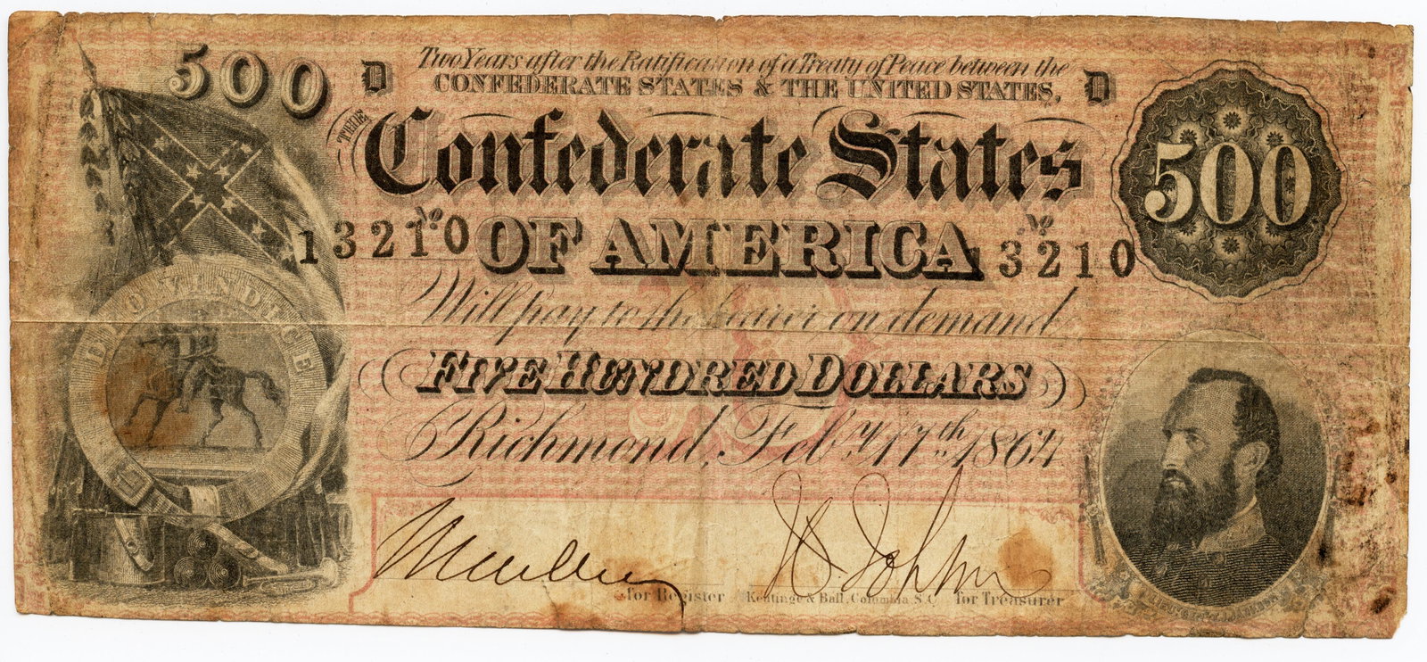 $500 1864 Confederate Bank Note: $500 Confederate States of America Type T-64 Nice type note with a couple of edge tears and some staining