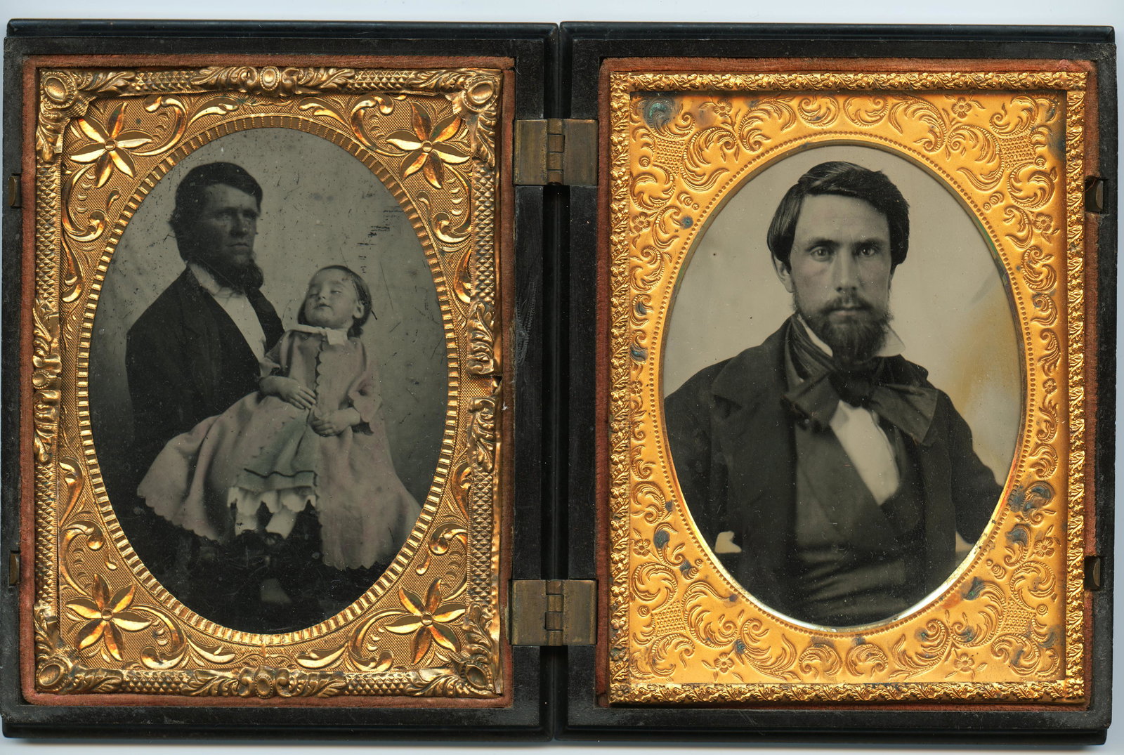 Wonderful Double Plate Case with 1/4 Plate Post Mortem: Wonderful Double Plate Case with Quarter Plate Post Mortem and a Quarter Plate Ambrotype Father holding his Deceased Daughter and another image of an unknown gentleman in Thermoplastic case. Seldom do