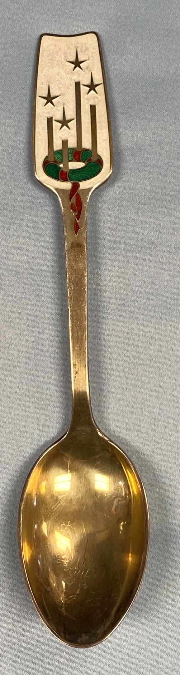 1949 Christmas Themed Spoon Sterling Silver: Danish sterling silver gilt Christmas spoon for 1949, Candles of Advent, in red, green and white enamel by A. Michelsen of Copenhagen, Denmark. Dimensions: Spoon Length 6.25" &nbs