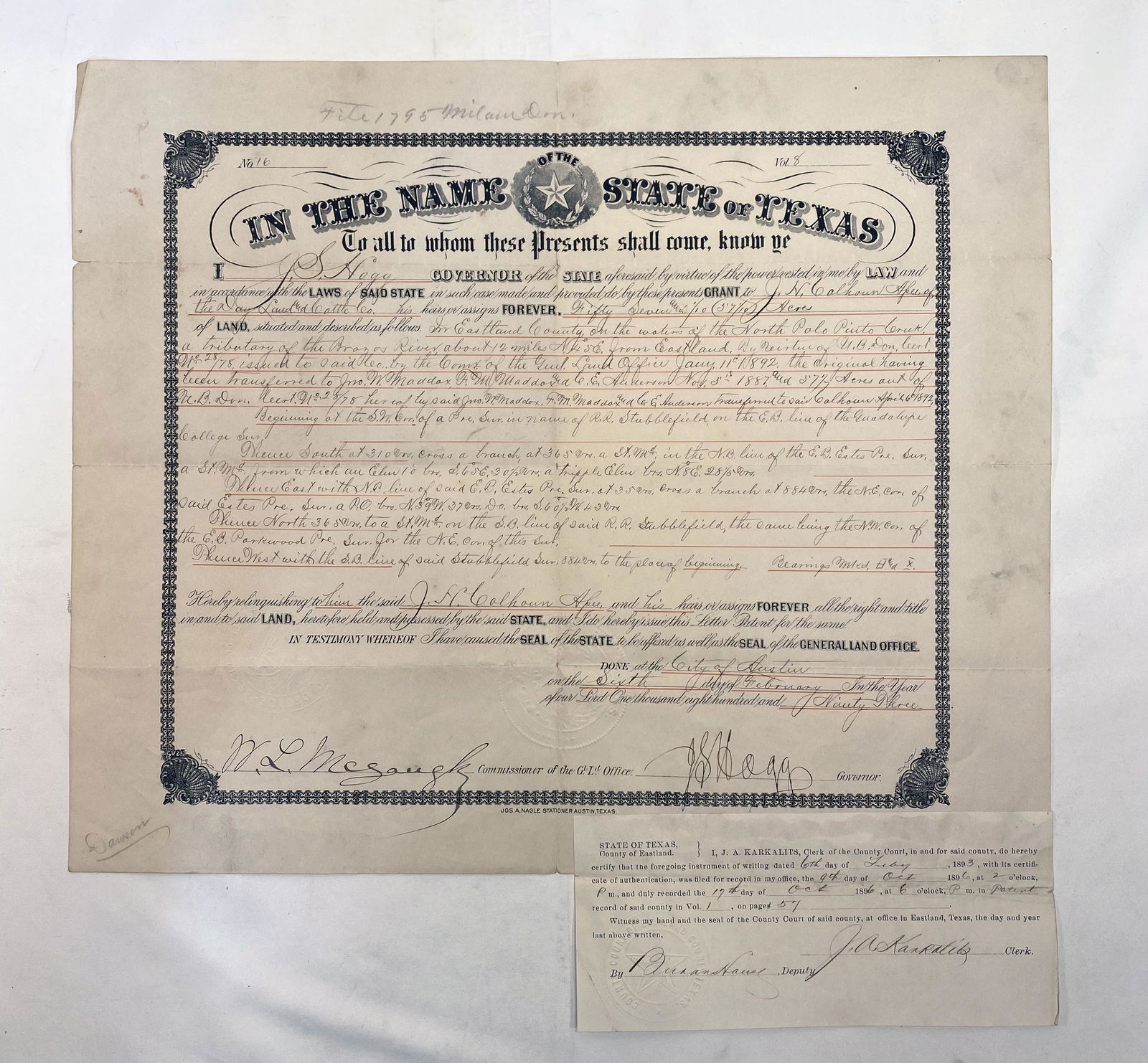 1893 Texas Land Grant signed by Governor Jim Hogg (1 of 7)
