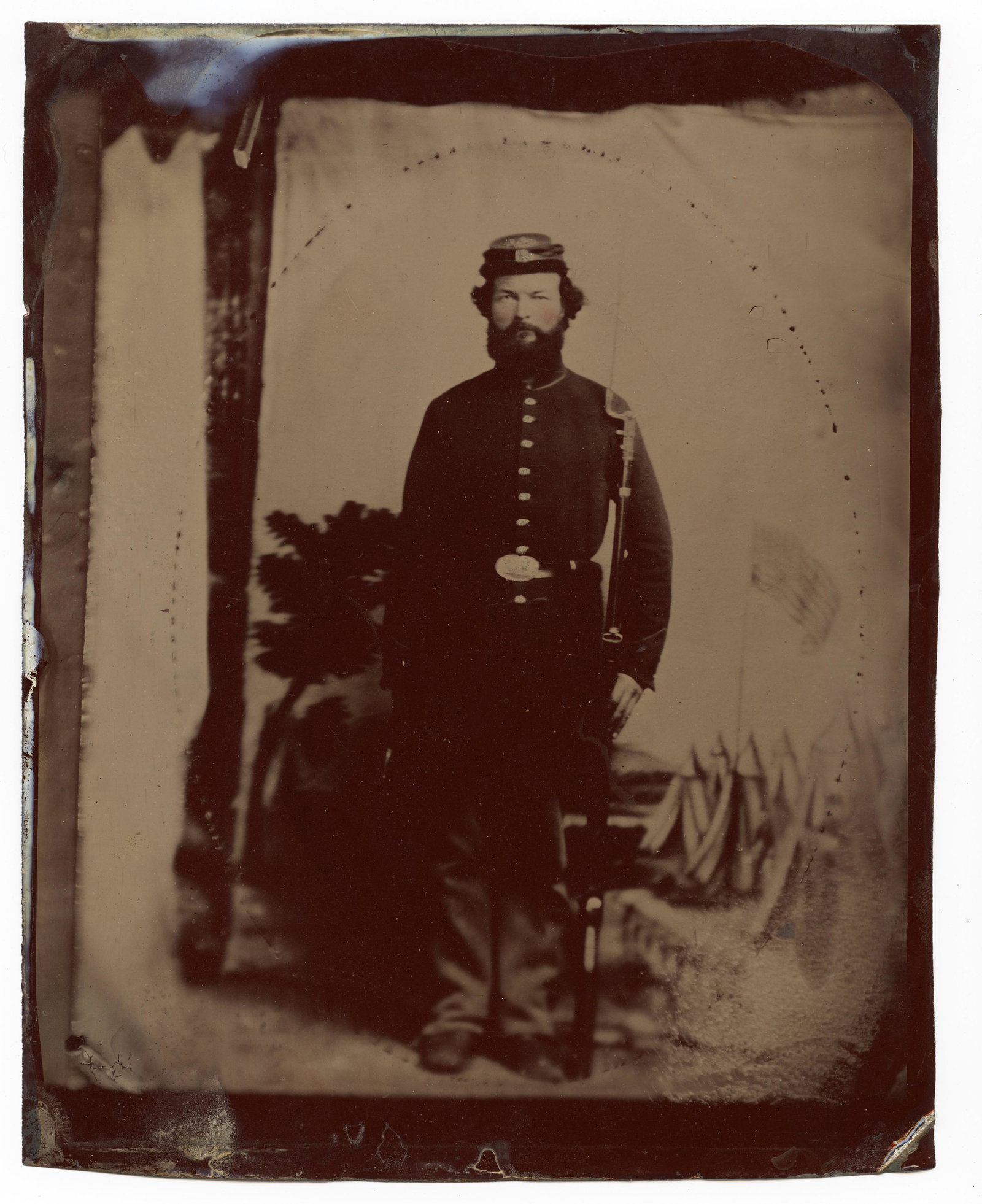 Full Plate Tin Type Civil War Soldier: Full Plate Tin Type Civil War Soldier Full Plate Tin Type of a Union Soldier in full uniform Soldier is in a studio pose with a camp scene backdrop holding his gun and bayonet. 