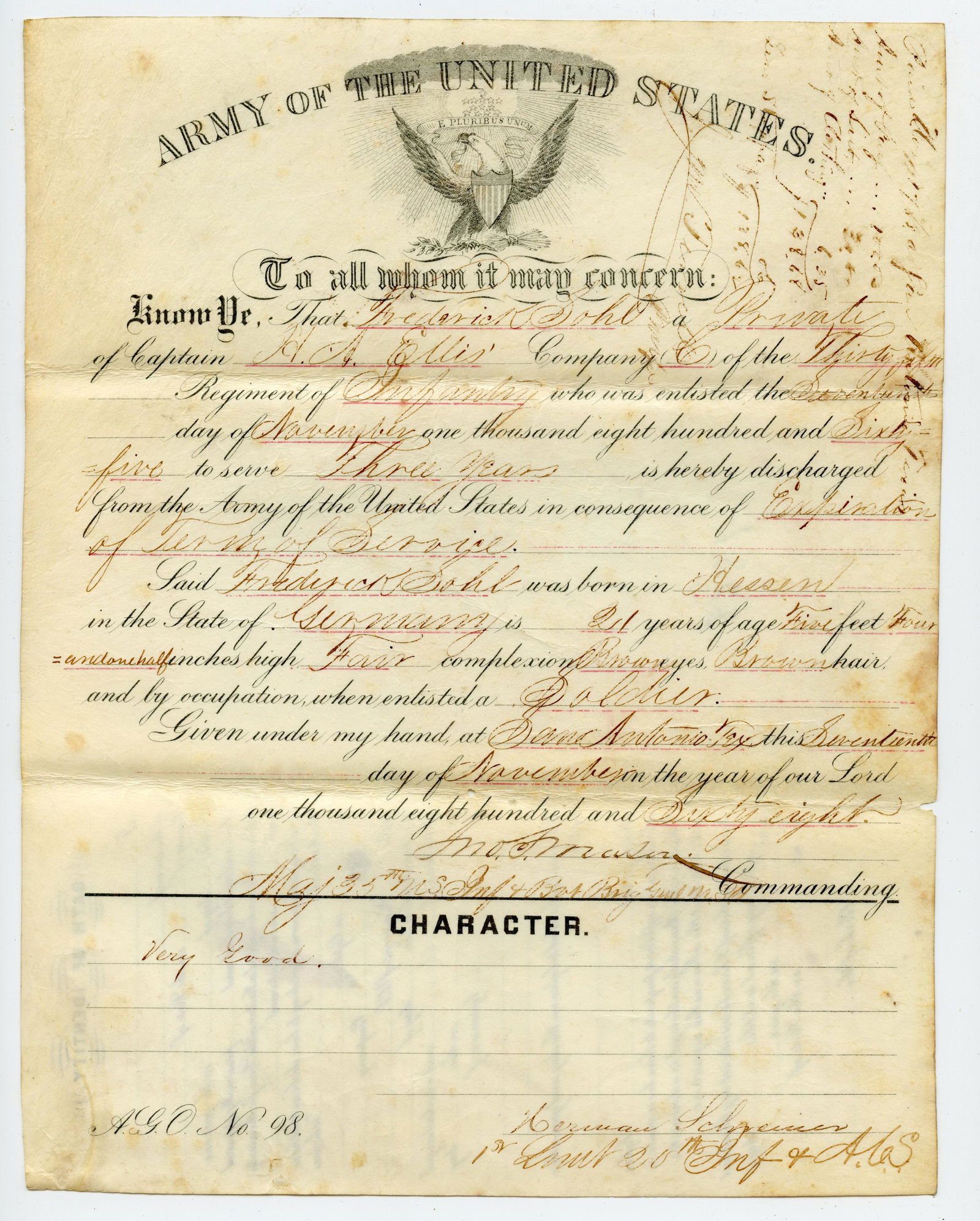 1868 San Antonio 35th Infantry Discharge (1 of 4)
