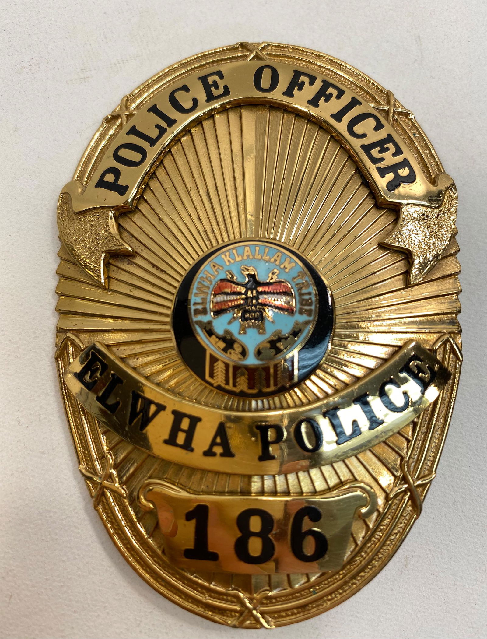 Obsolete Elwha Tribal Police Badge: Obsolete Elwha Tribal Police Badge Obsolete Lower Elwha Tribal Police Badge and Patch. Badge has the T.C.I. maker mark and is 3 1/2" tall and patch is 5 1/4" x 3 7/8" 