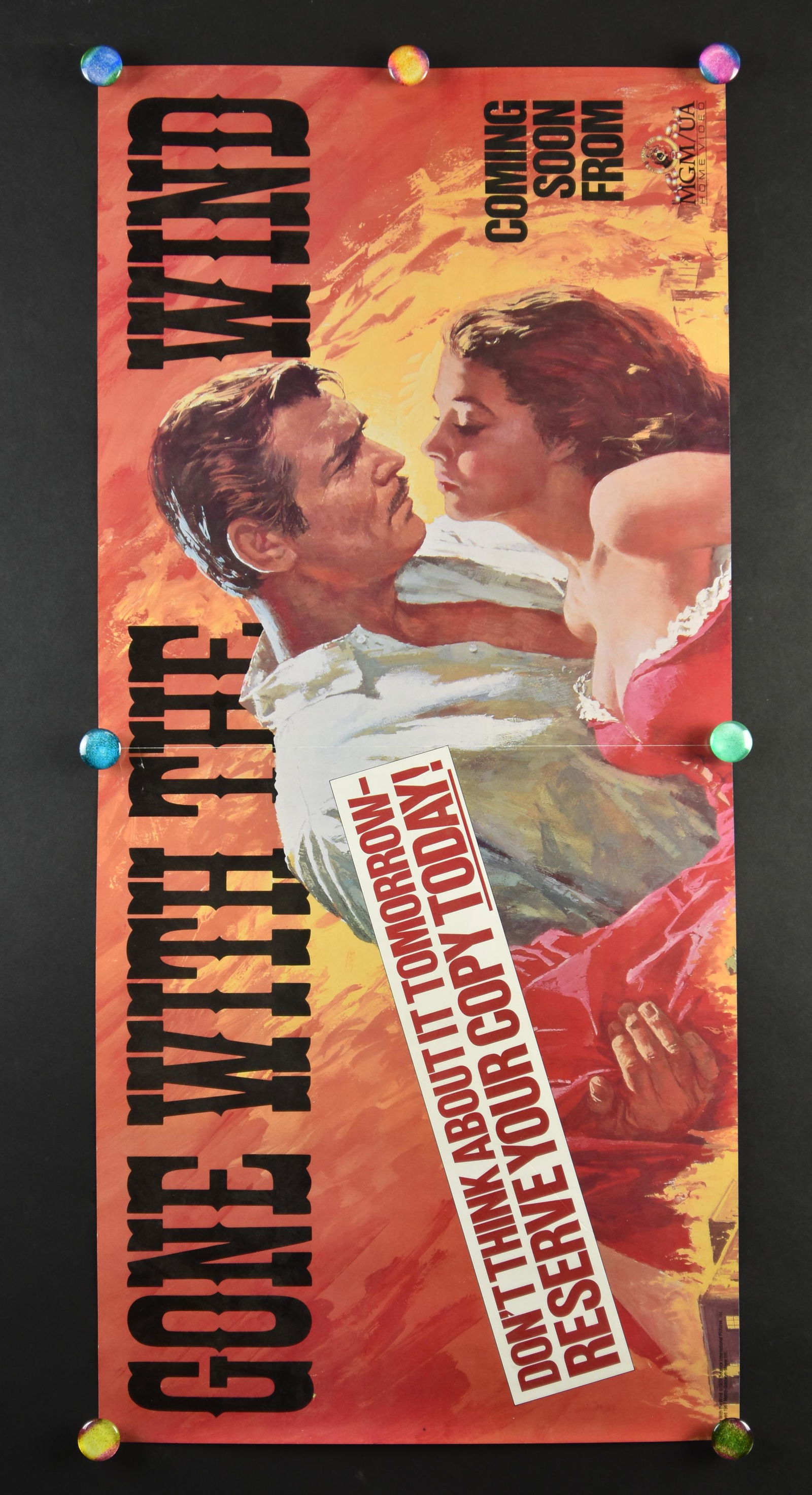 Gone With The Wind 1967 Promo Poster: Gone With The Wind 1967 promotional poster. "Coming soon from Mgm/UA Home Video". Measure 15 X 32 1/2 Condition: Displays Beautifully. Very minor bumps throughout, crease in the middle, writing in pen