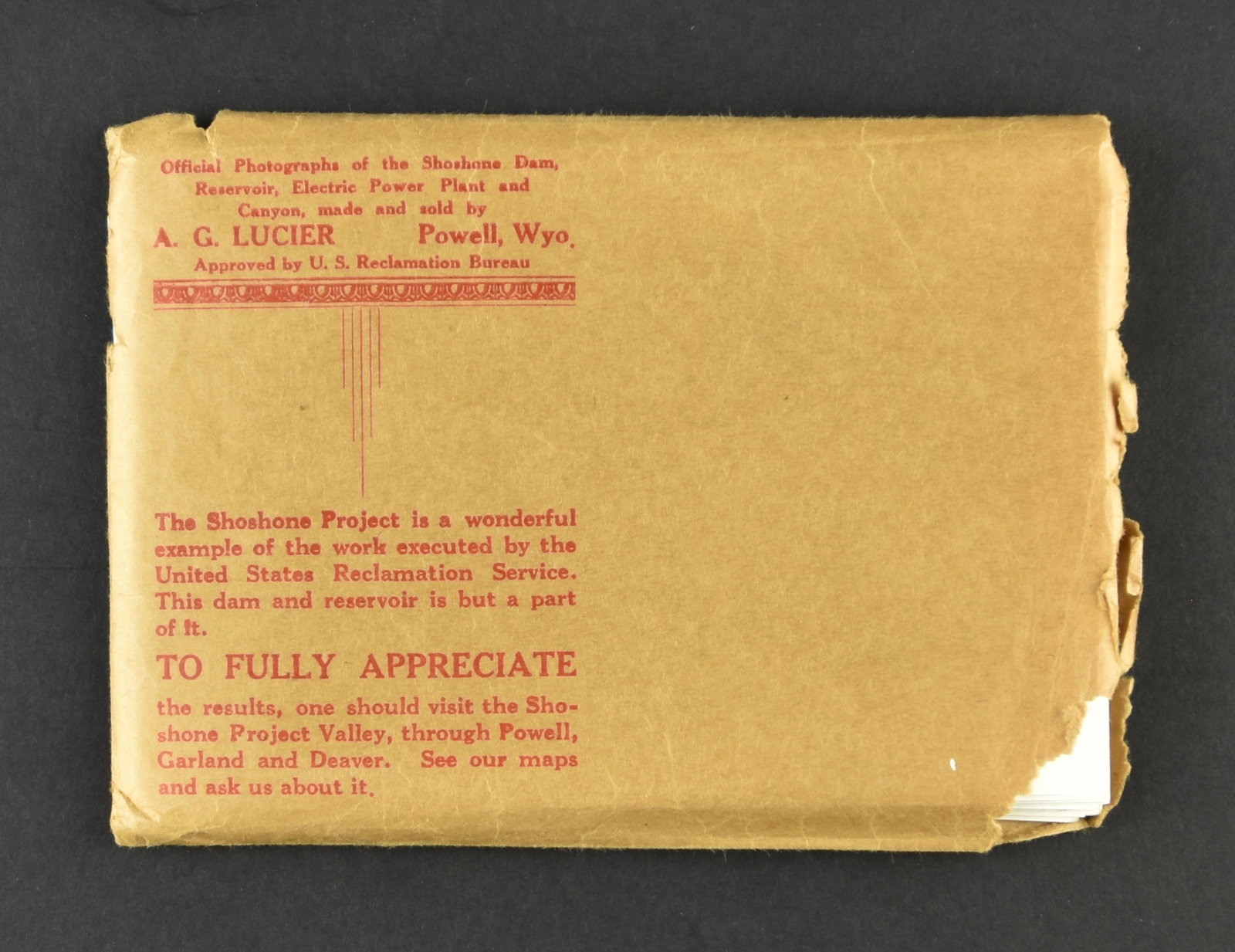 Official Photographs of the Shoshone Dam 30 photographs: This is a set of "Official Photographs of the Shoshone Dam, Reservoir, Electric Power Plant and Canyon, made and sold by A.G. Lucier, Powell, Wyoming." The Shoshone Project was executed by the United 