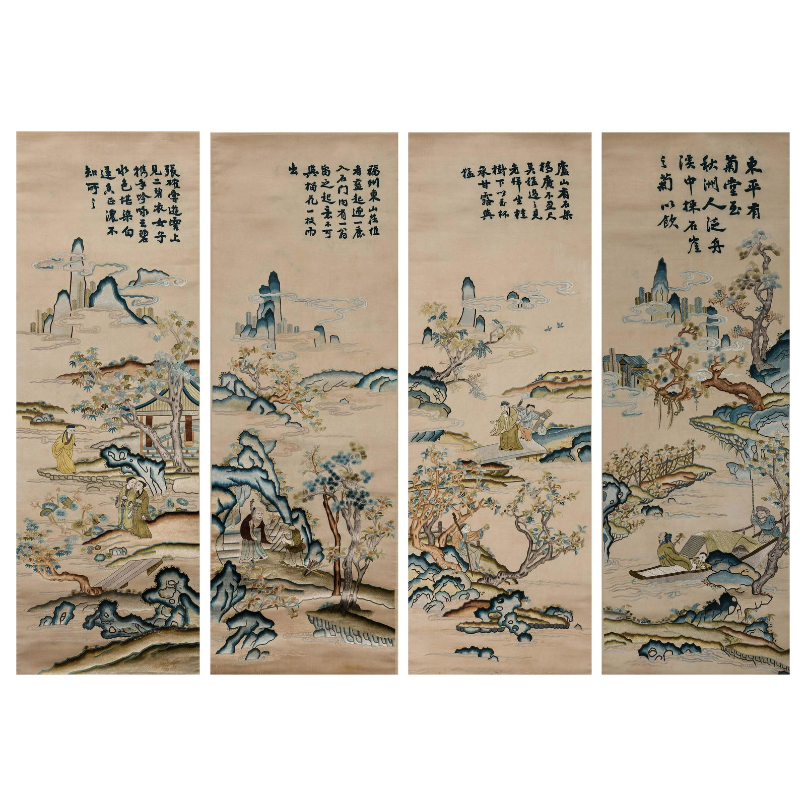 FOUR SCREENS OF EMBROIDERED LANDSCAPE FIGURES, QING (1 of 20)