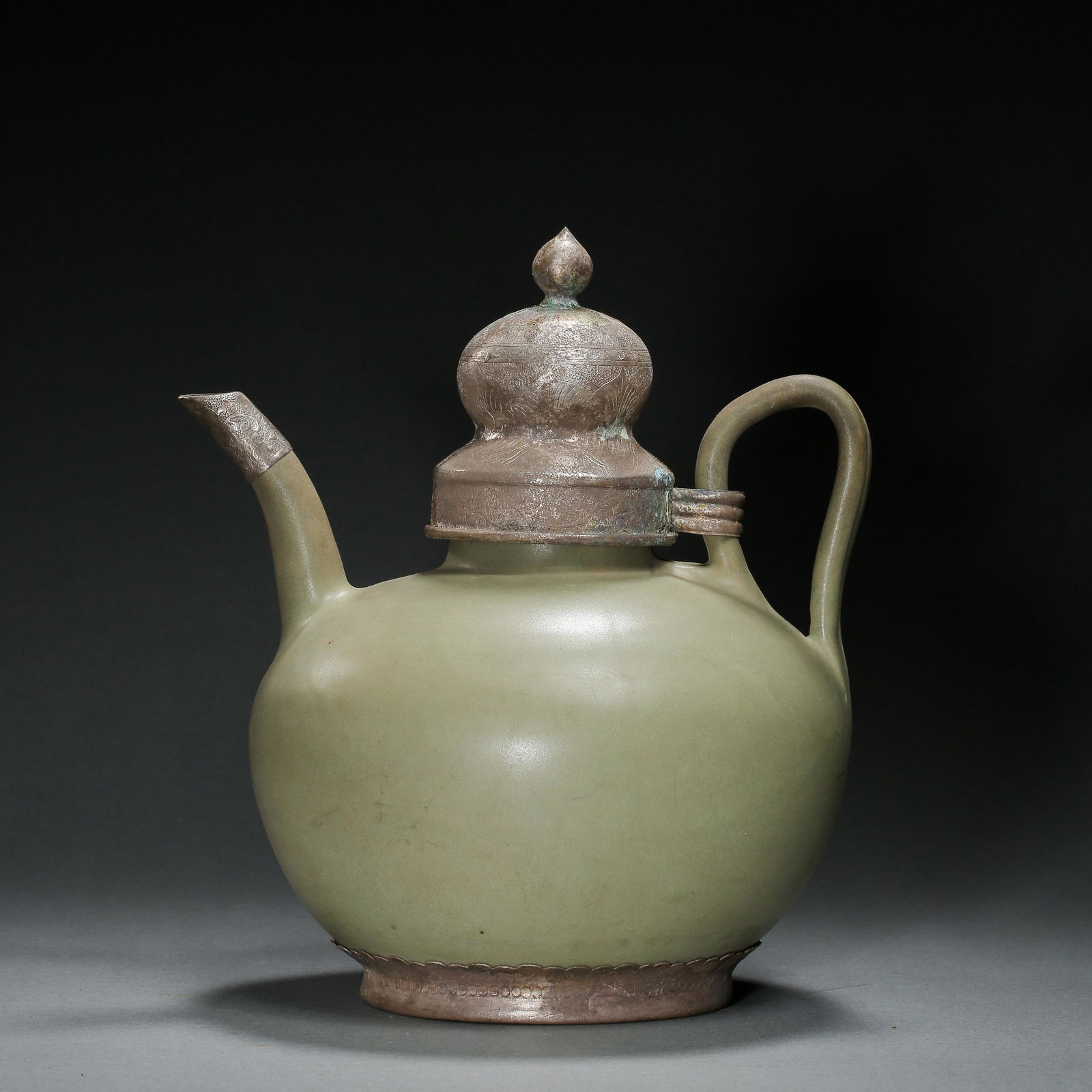 YUE WARE CELADON HOLDING POT WITH SILVER LID, CHINESE (1 of 12)