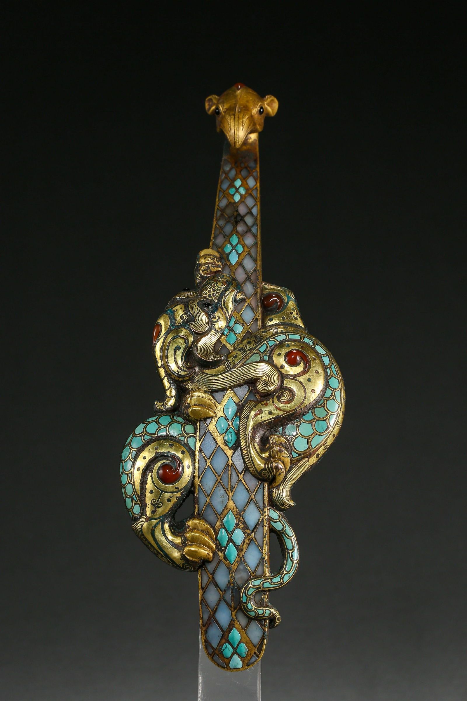 BRONZE BELT HOOK INLAID GOLD, SILVER, TURQUOISE AND (1 of 8)