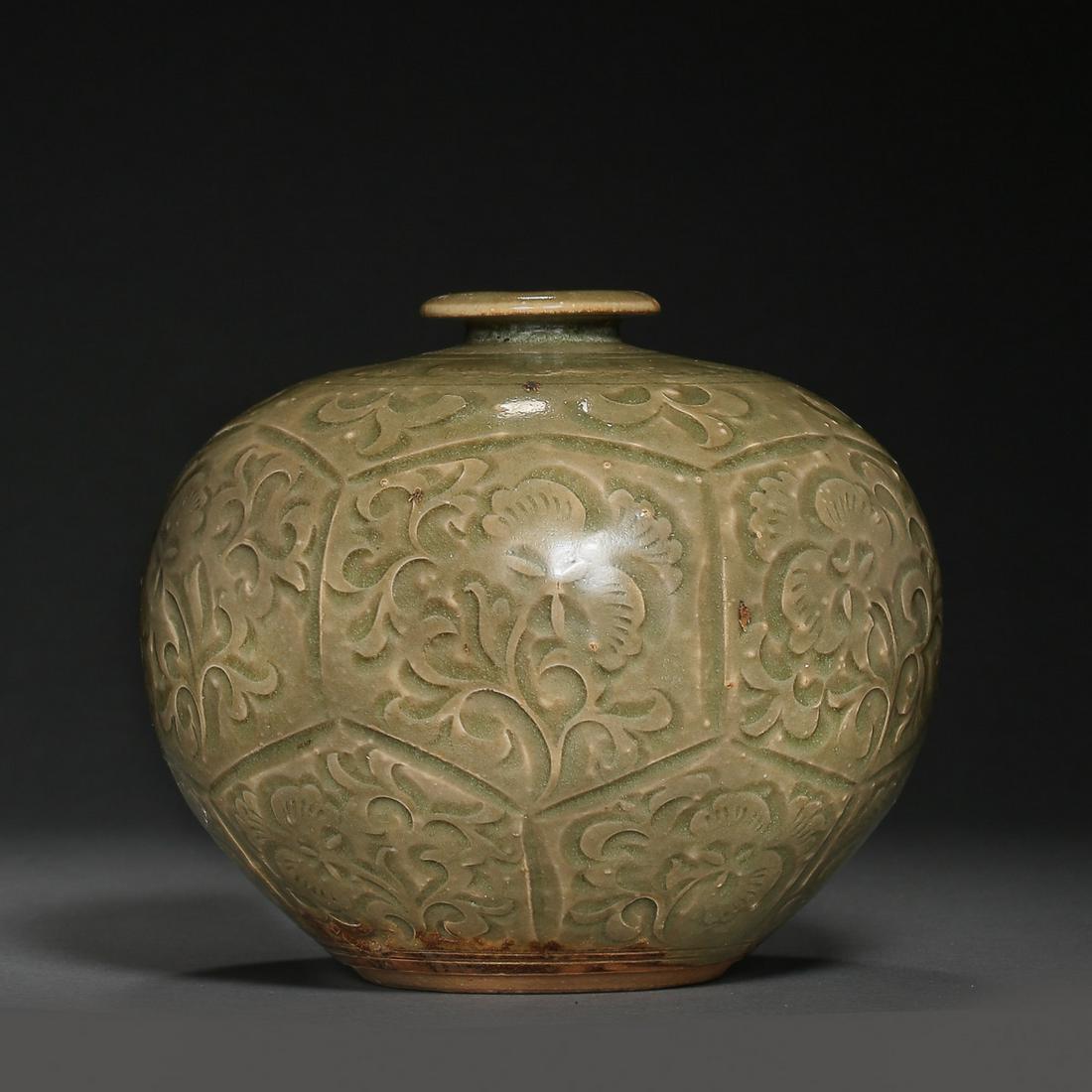 CELADON GLAZE ENGRAVED FLOWER PATTERN DWARF VASE FROM (1 of 10)