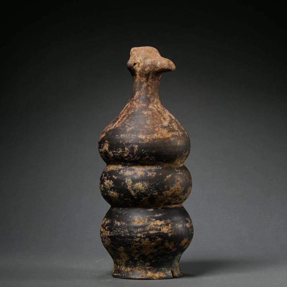 GOURD SHAPED BLACK POTTERY POT WITH MAN HEAD SHAPED (1 of 8)