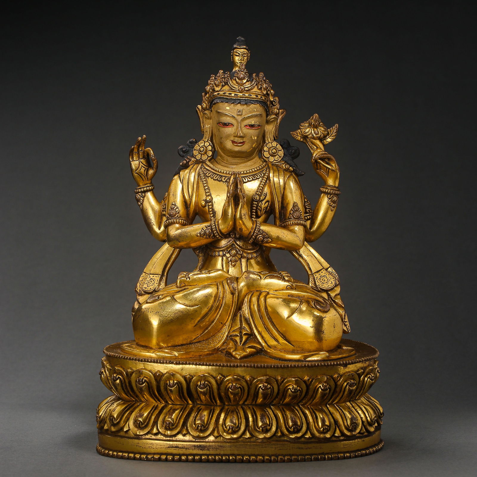A GILT BRONZE FOUR-ARMED GUANYIN BUDDHA STATUE, THE (1 of 10)