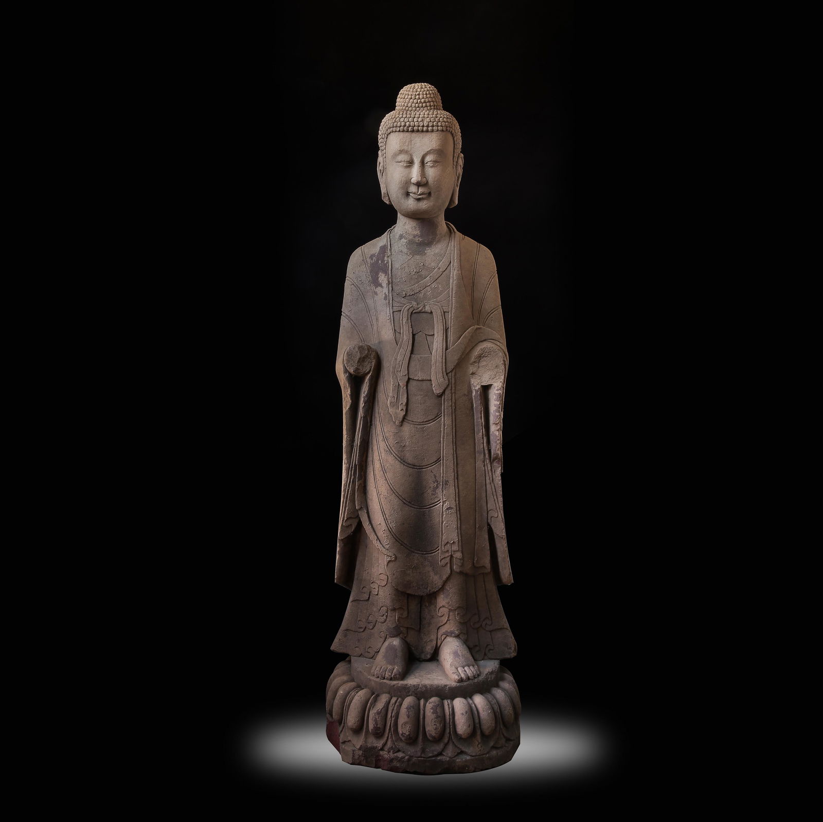 STONE CARVED BUDDHA STANDING STATUE, TANG DYNASTY, (1 of 7)