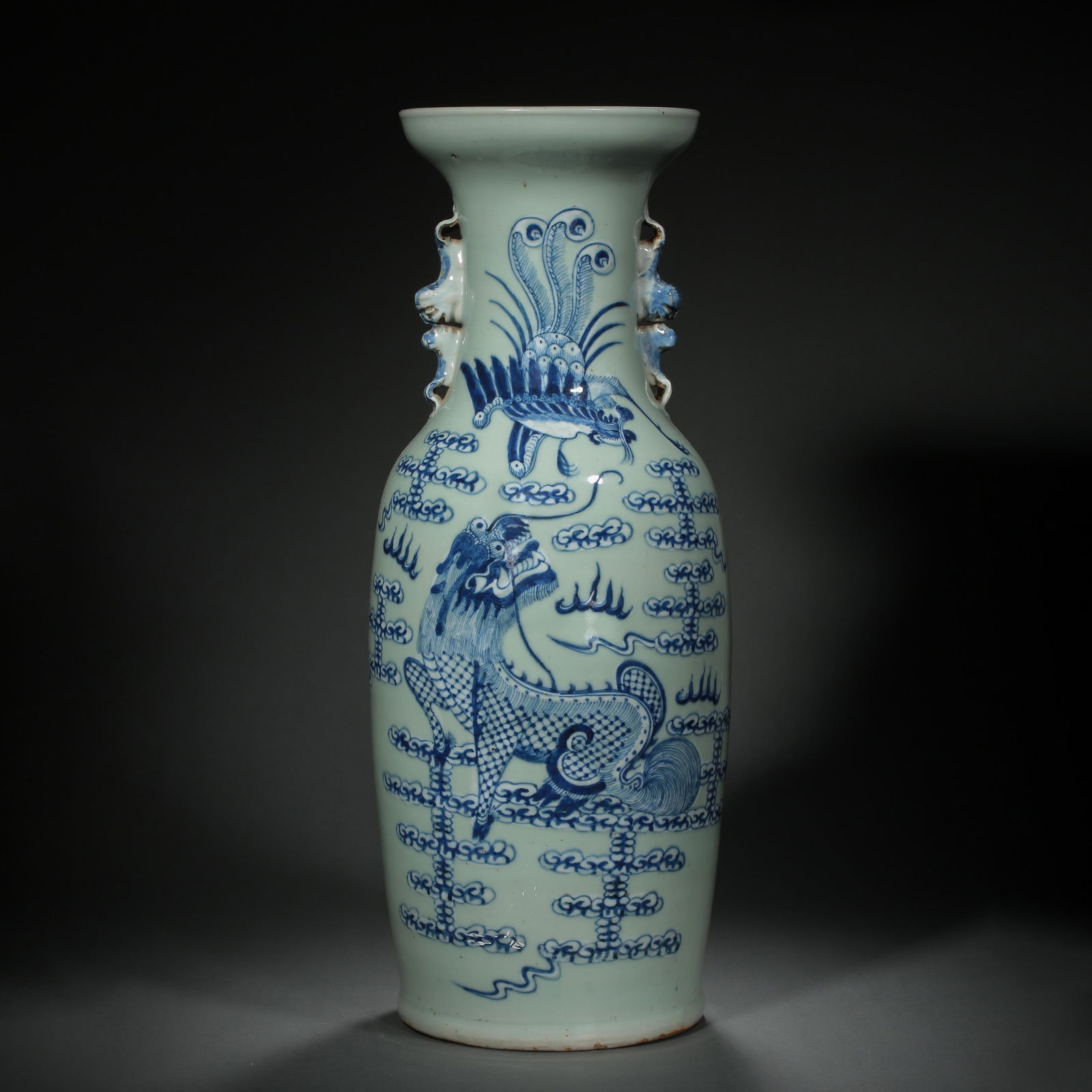 LARGE BLUE AND WHITE DOUBLE-EARED VASE, QING DYNASTY, (1 of 6)