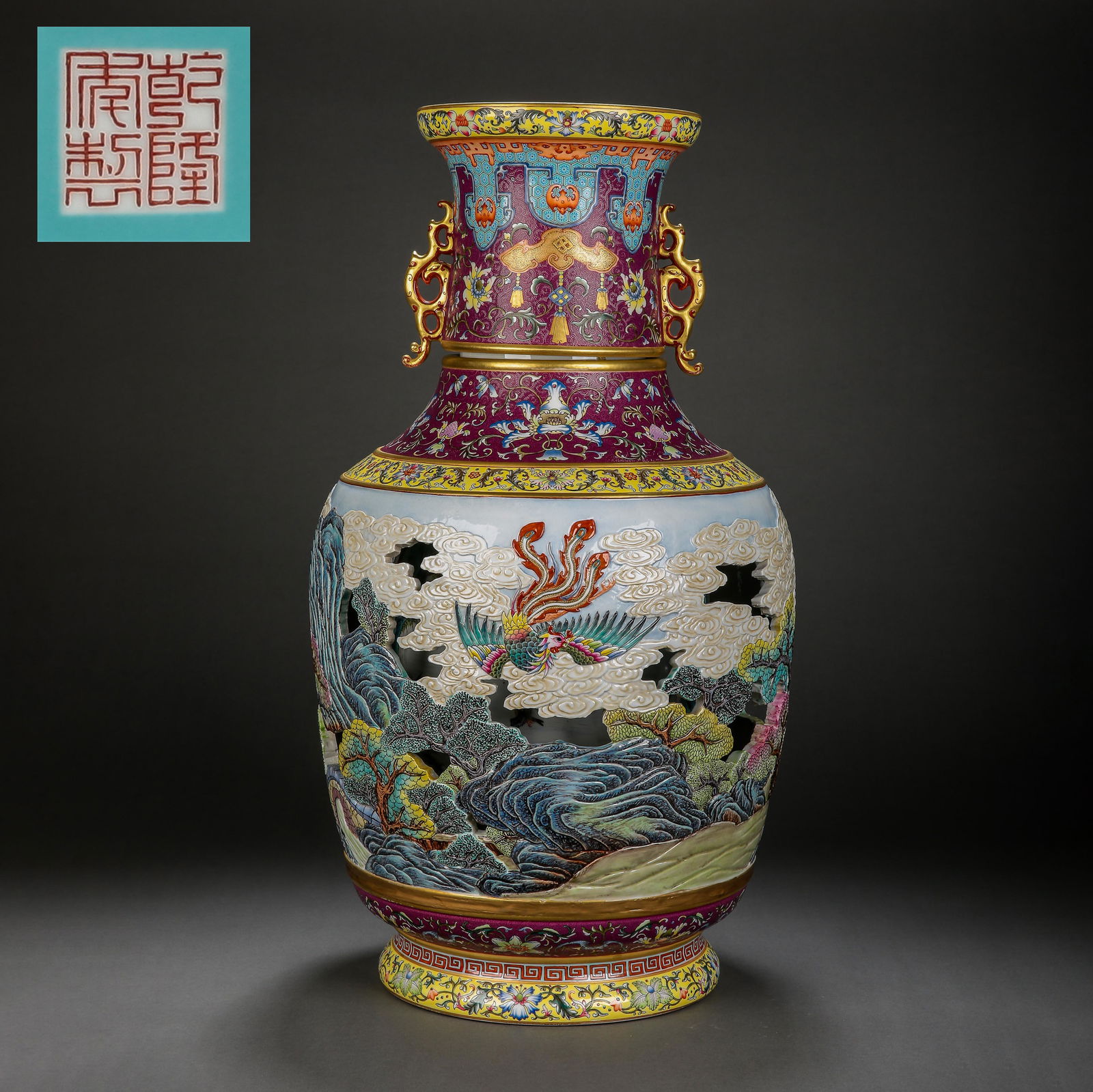 LARGE BRONZE ENAMEL DOUBLE-EARED VASE, QIANLONG PERIOD (1 of 13)