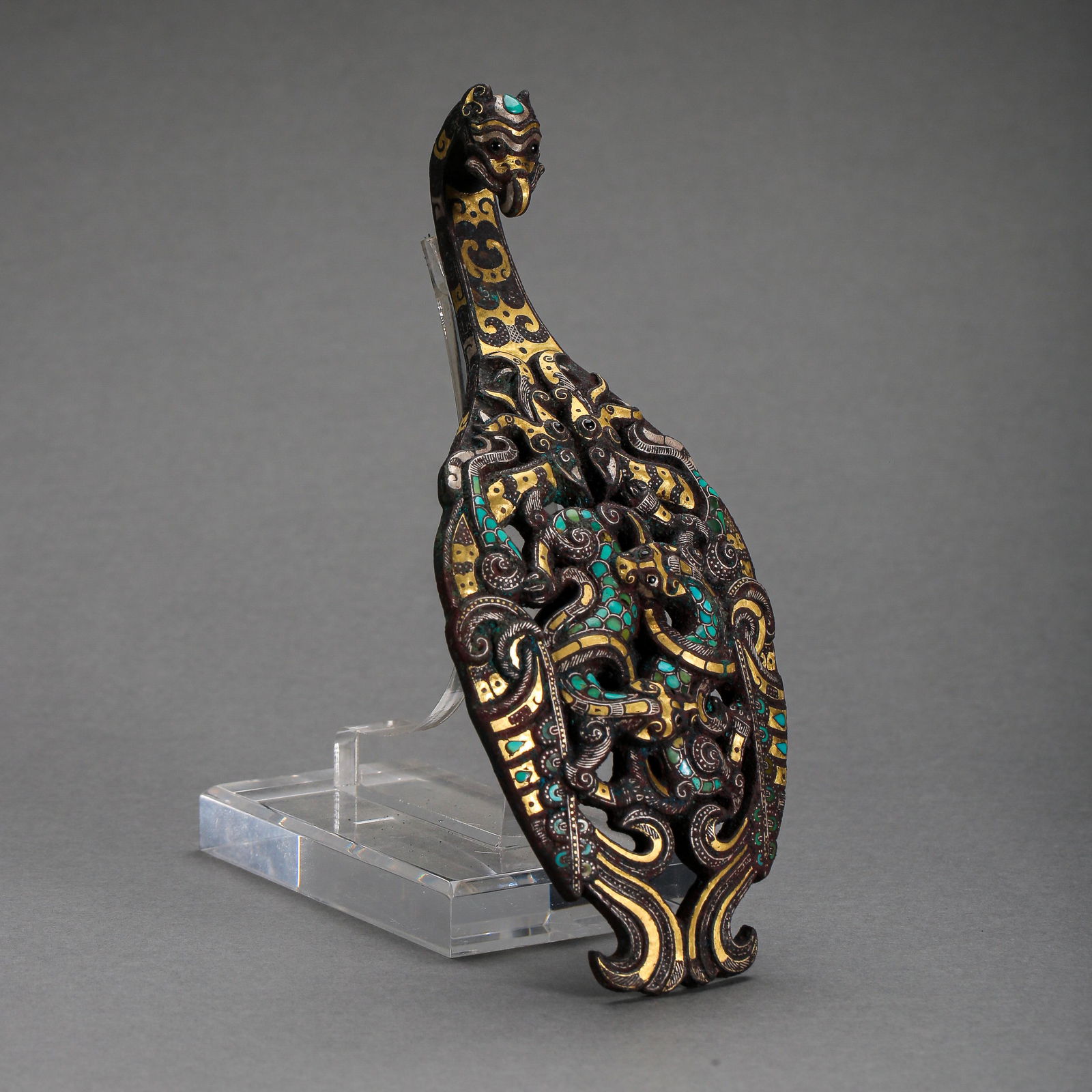 BRONZE WITH GOLD AND SILVER INLAID AGATE HOOK, THE WAR (1 of 8)