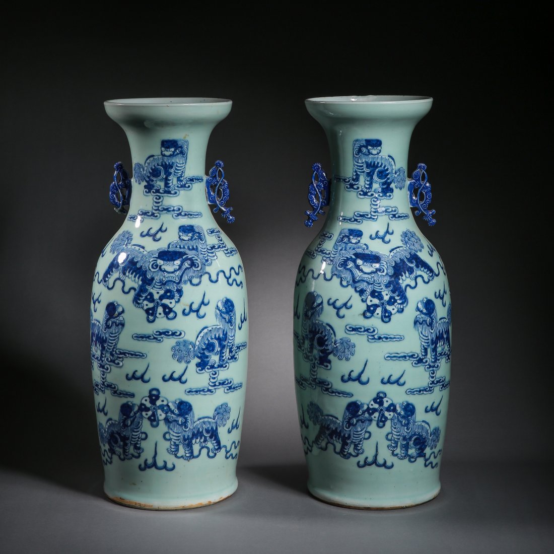 A PAIR OF LARGE BLUE AND WHITE DOUBLE-EARED VASES WITH (1 of 9)