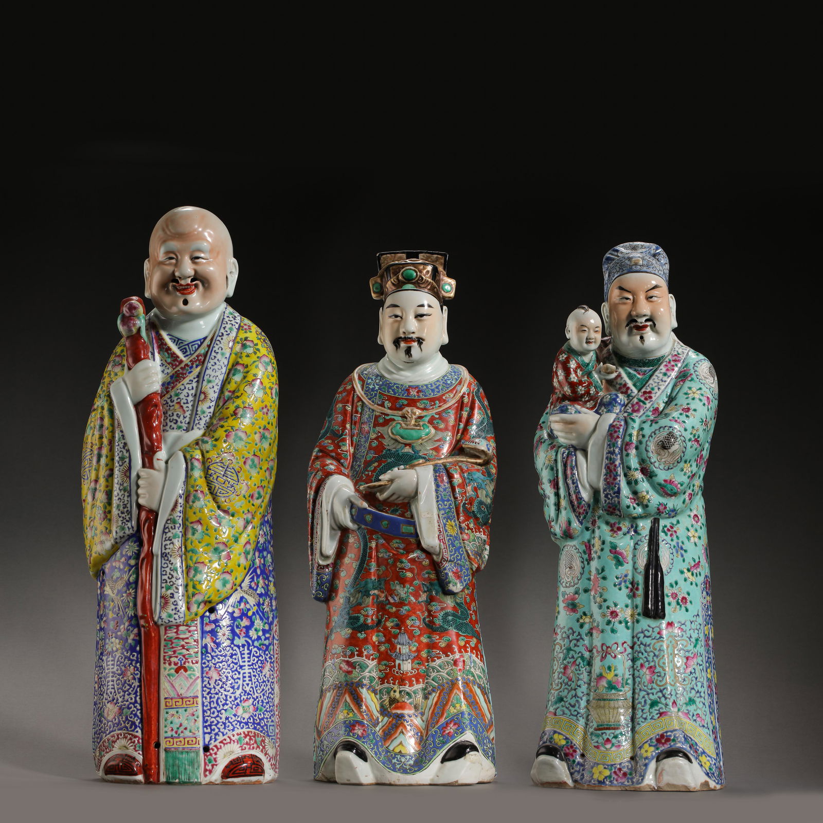THREE-GOD STATUE OF FU, LU, SHOU, QING DYNASTY, CHINA (1 of 20)