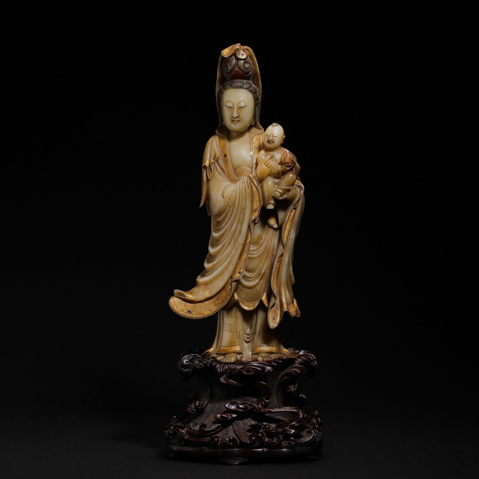 SHOUSHAN STONE GUANYIN STANDING STATUE HOLDING A BOY IN (1 of 11)